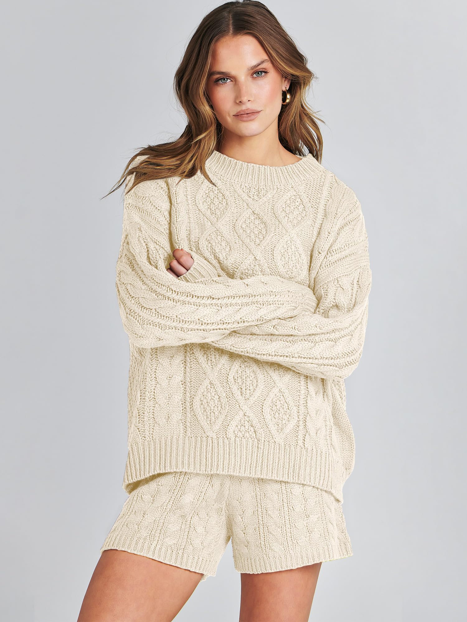 ANRABESS Women's 2-Piece Cable Knit Sweater Lounge Set - Oversized Fall Sweater & Shorts Matching Outfit | Cozy Loungewear for Home, Casual Wear & Autumn Fashion