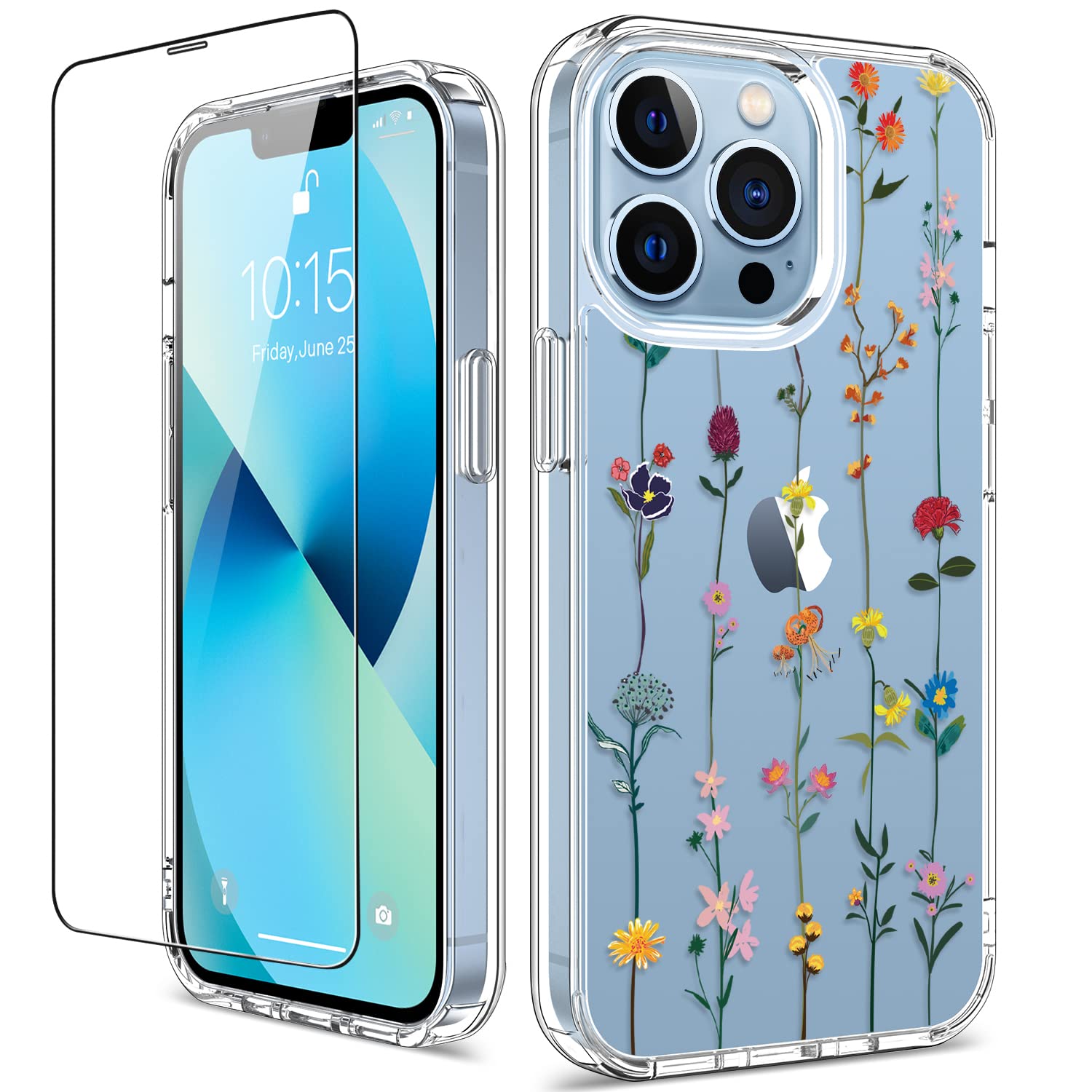 GiiKa iPhone 13 Pro Case with Screen Protector - 6.1 Inch Clear Shockproof Full Body Protective Case for Women | Floral Design Hard Case with TPU Bumper Cover | Perfect for Everyday Use, Travel & Outdoor Activities