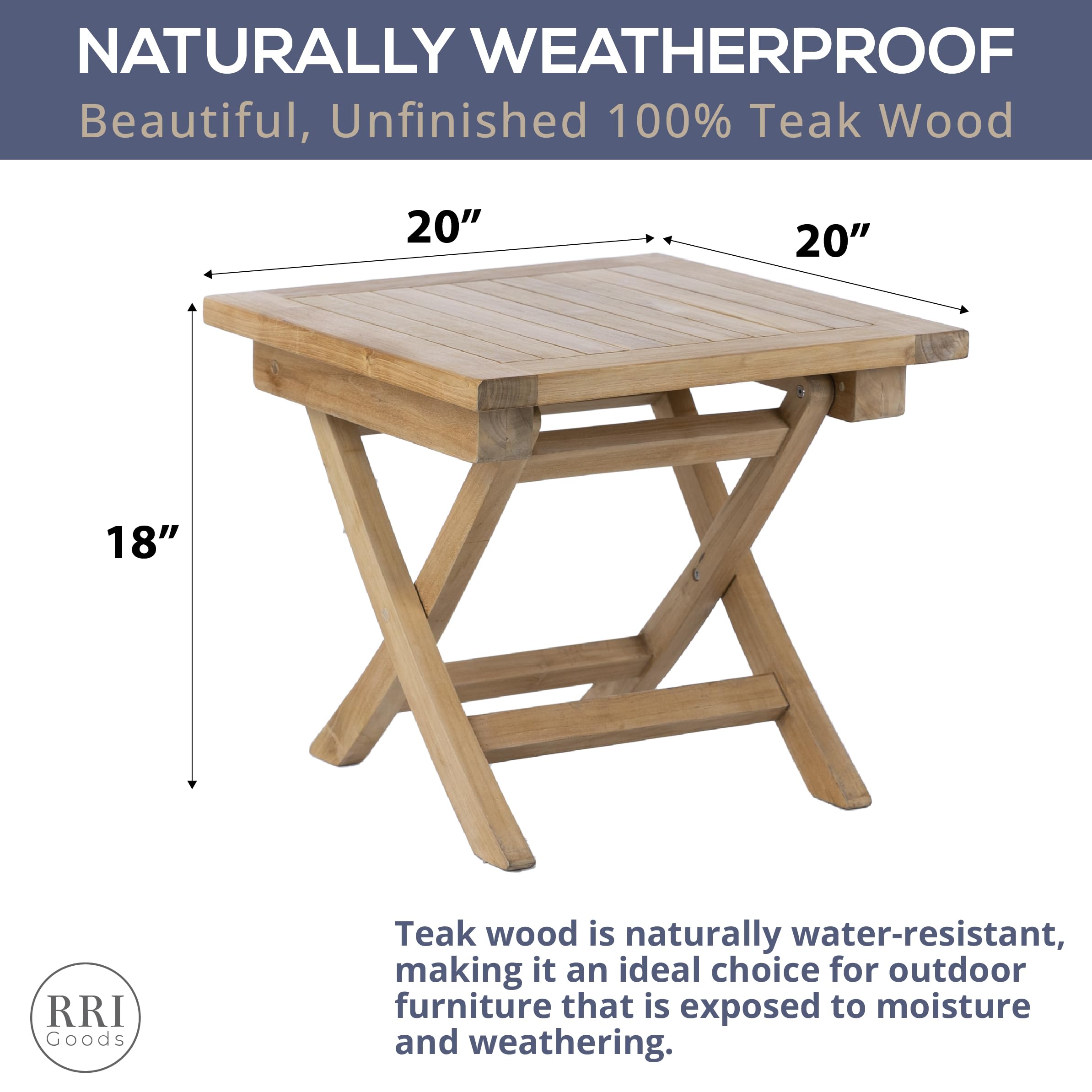 Teak Wood Folding 20 Inch Outdoor Coffee Table - Portable Square Patio Table for Camping, Backyard, Porch & Balcony - Weather-Resistant Furniture for Outdoor Entertaining, Picnics & Beach Parties