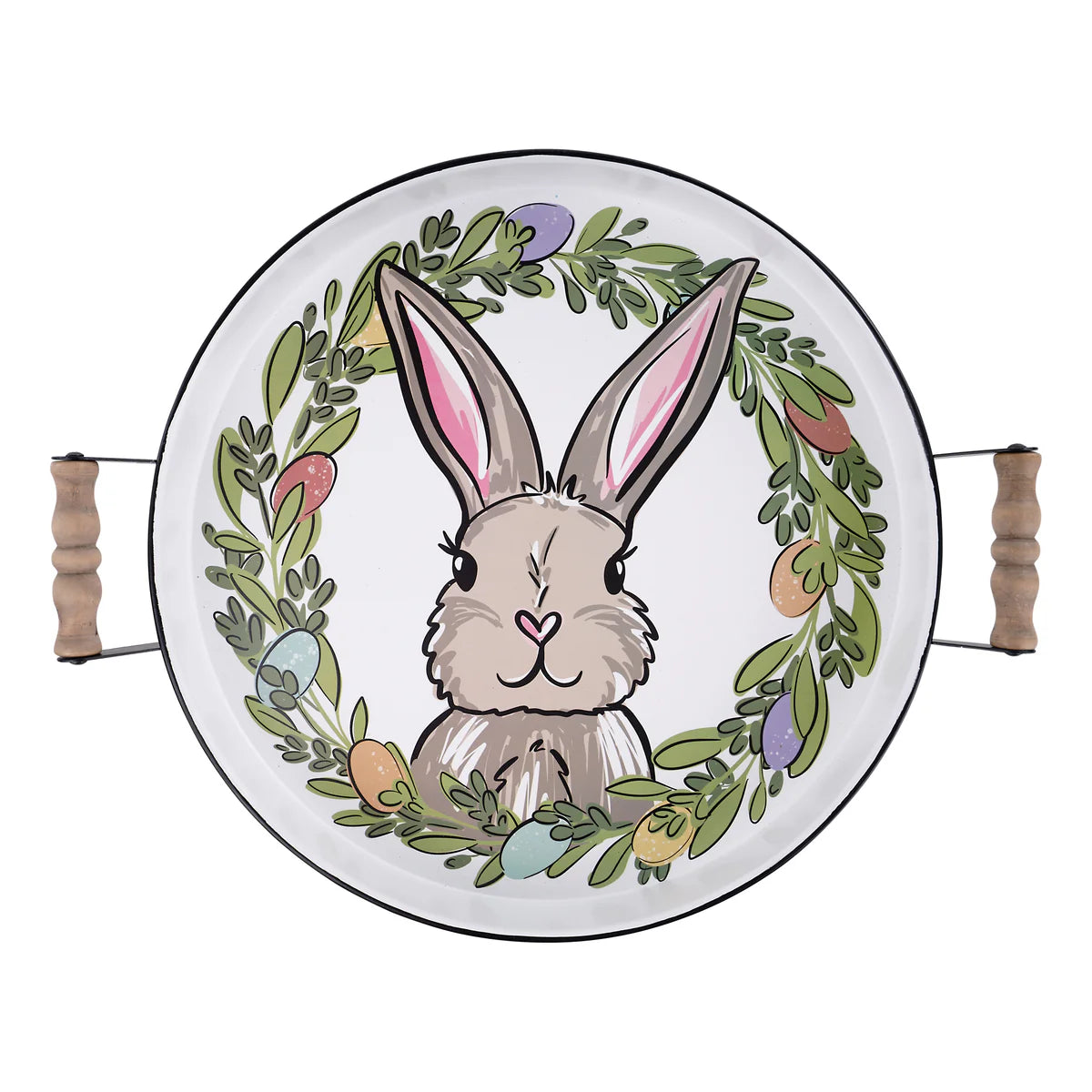 Easter Bunny Egg Wreath Enamel Tray - Decorative Spring Table Centerpiece for Easter Decorations, Kitchen Serving, or Home Decor