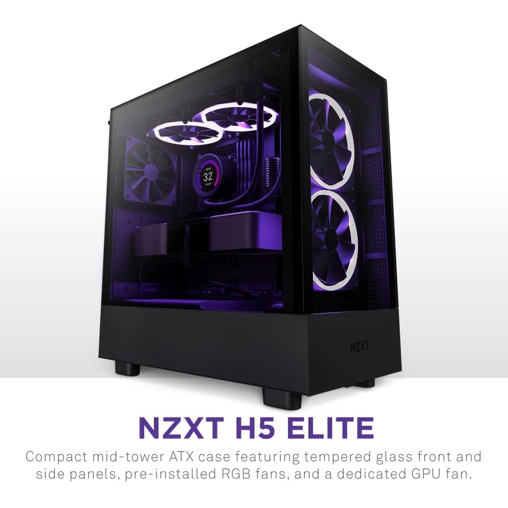 NZXT H5 Elite Compact ATX Mid-Tower PC Gaming Case - Tempered Glass Panels, RGB Lighting & 2x140mm Fans | Perfect for Gaming Rigs & Streaming Setups | Black (CC-H51EB-01)
