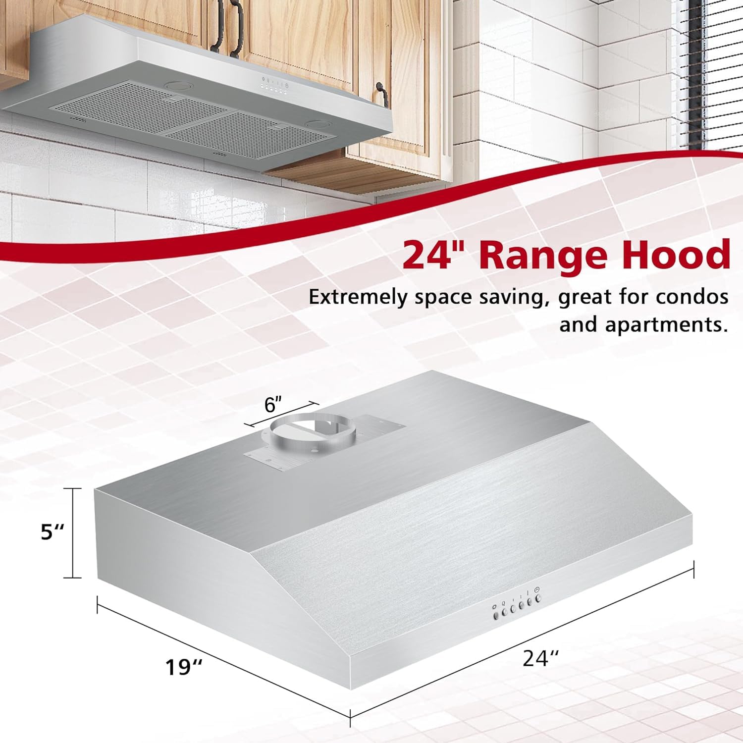 ONEEON 24 Inch Under Cabinet Range Hood - Slim Stainless Steel Kitchen Vent Hood with 4-Speed Exhaust Fan, 2 Washable Filters & LED Lights | Perfect for Small Kitchens, Apartments & Remodeling Projects
