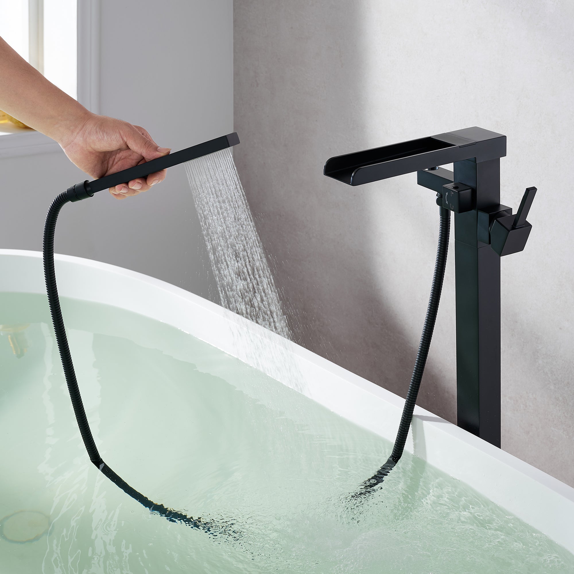 Camino Single Lever Freestanding Floor Mounted Bathtub Filler with Hand Shower - Modern Bathroom Faucet for Luxury Soaking Tubs & Spa Relaxation