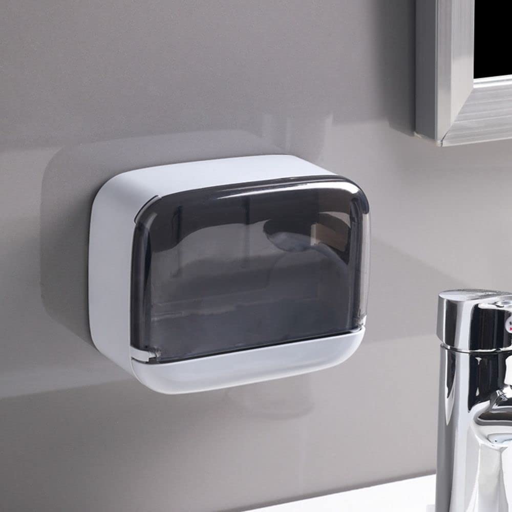 Wall Mounted Soap Holder with Flip Cover - Self Draining Soap Case, No Drill Bathroom Organizer, Shower Accessories (Single, Grey) - Perfect for Small Bathrooms, Kitchen Sinks & RV Showers