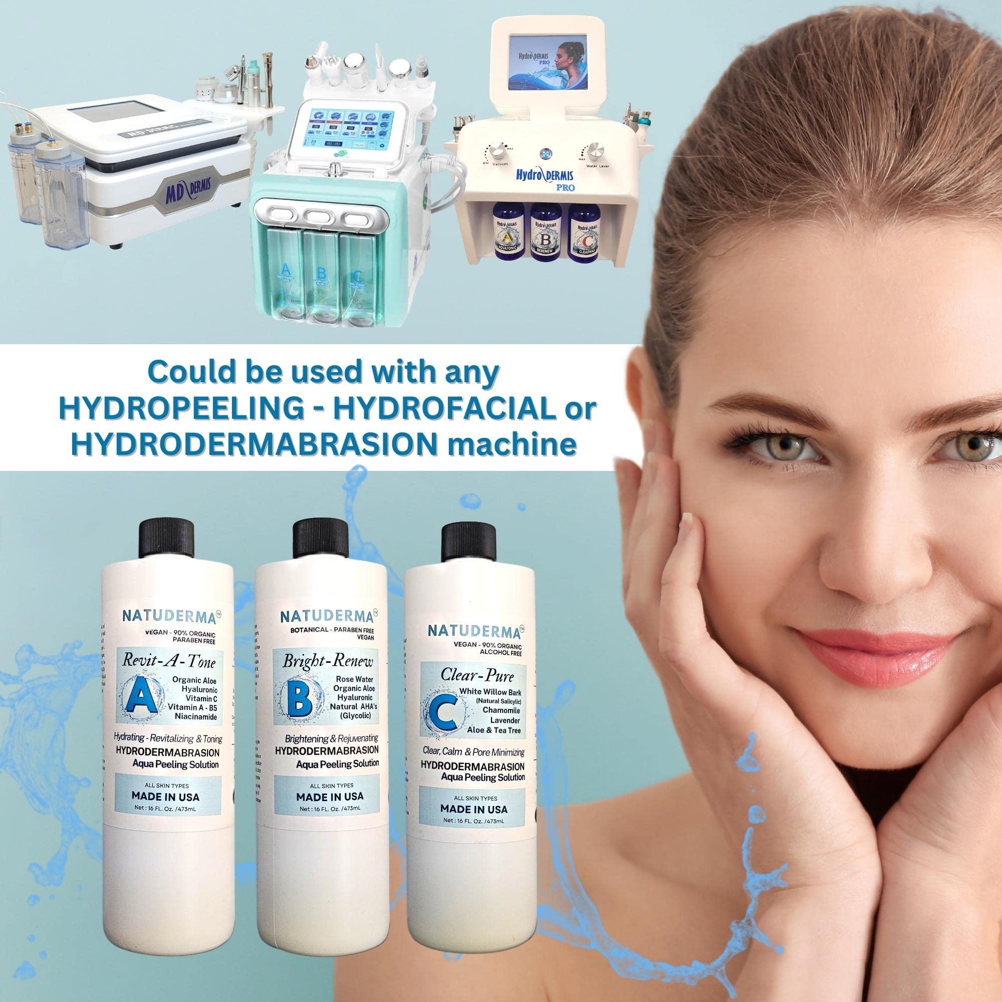 Natuderma Hydro Serum - Hydrodermabrasion Solution & Aqua Peeling Serum for Wet Microdermabrasion (3 Pack, 16 oz Each) | Made in USA | Professional Skin Exfoliation & Hydration for Face & Body