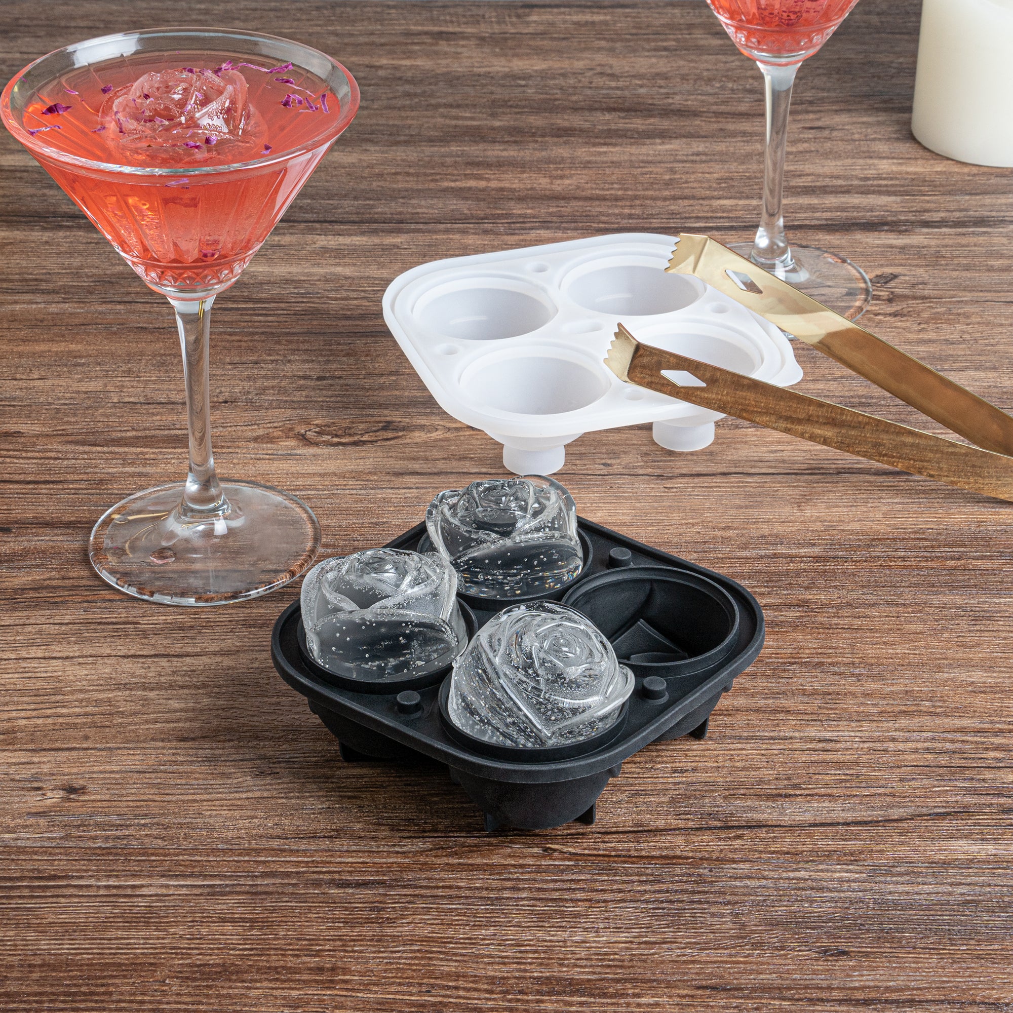 Premium Black Silicone Ice Cube Tray with 2 Rose & 4 Compartment Designs - 1 Count Box - Perfect for Cocktails, Romantic Dinners & Home Bar Decor