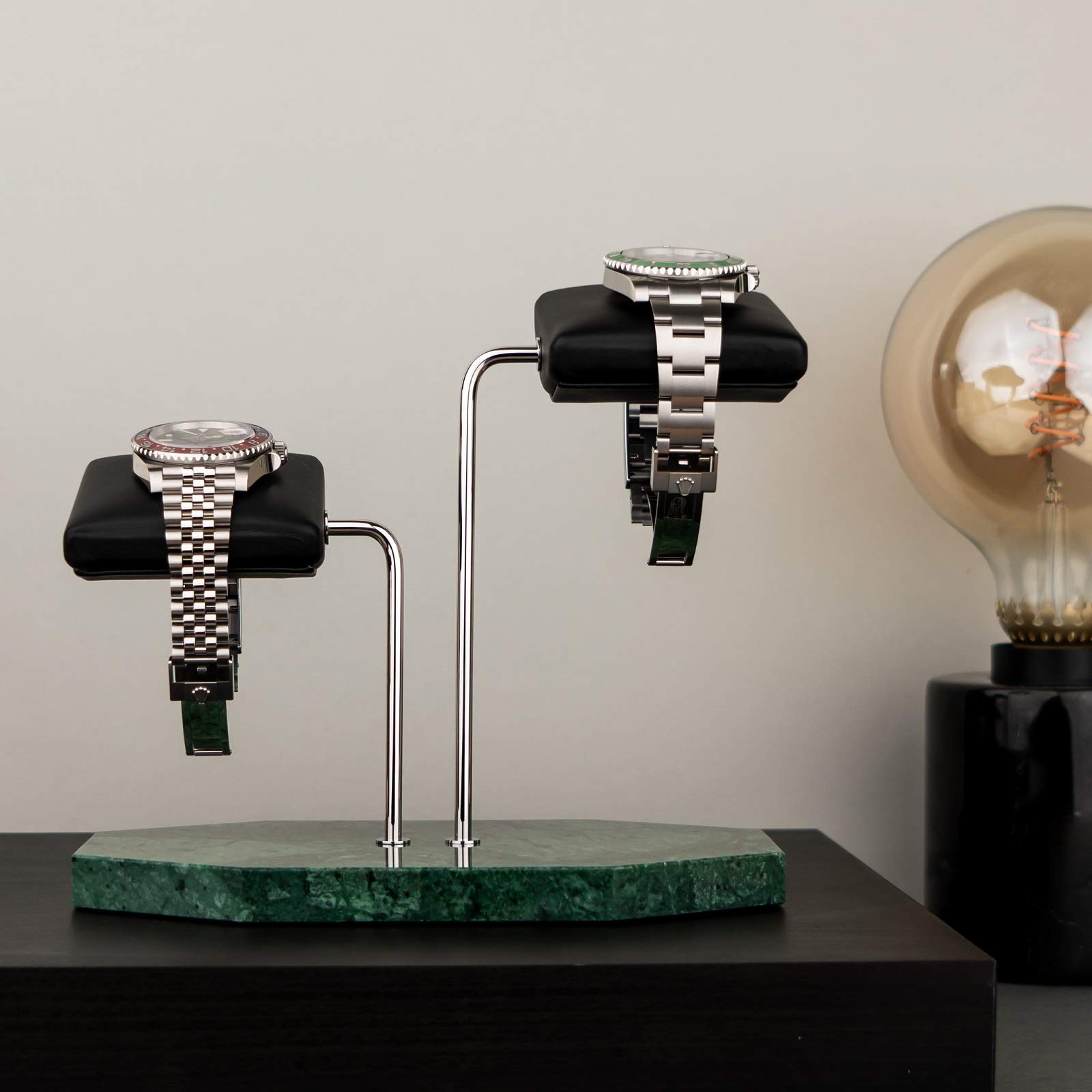 LYS&LYX Handcrafted Watch Stand - Premium Watch Display Holder for Luxury Watches (2-Pack, Green/Silver/Black) - Perfect for Jewelry Store, Home Decor & Watch Collection Organization