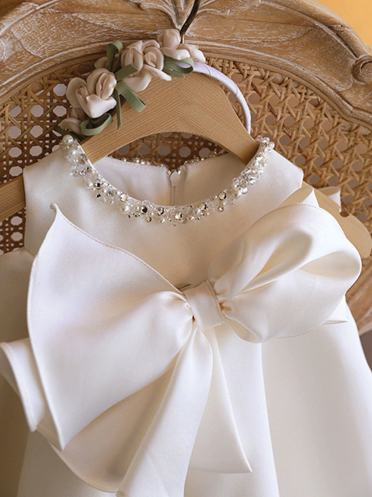 White Princess Round Tea Length Satin Flower Girl Dress for Weddings & Special Occasions