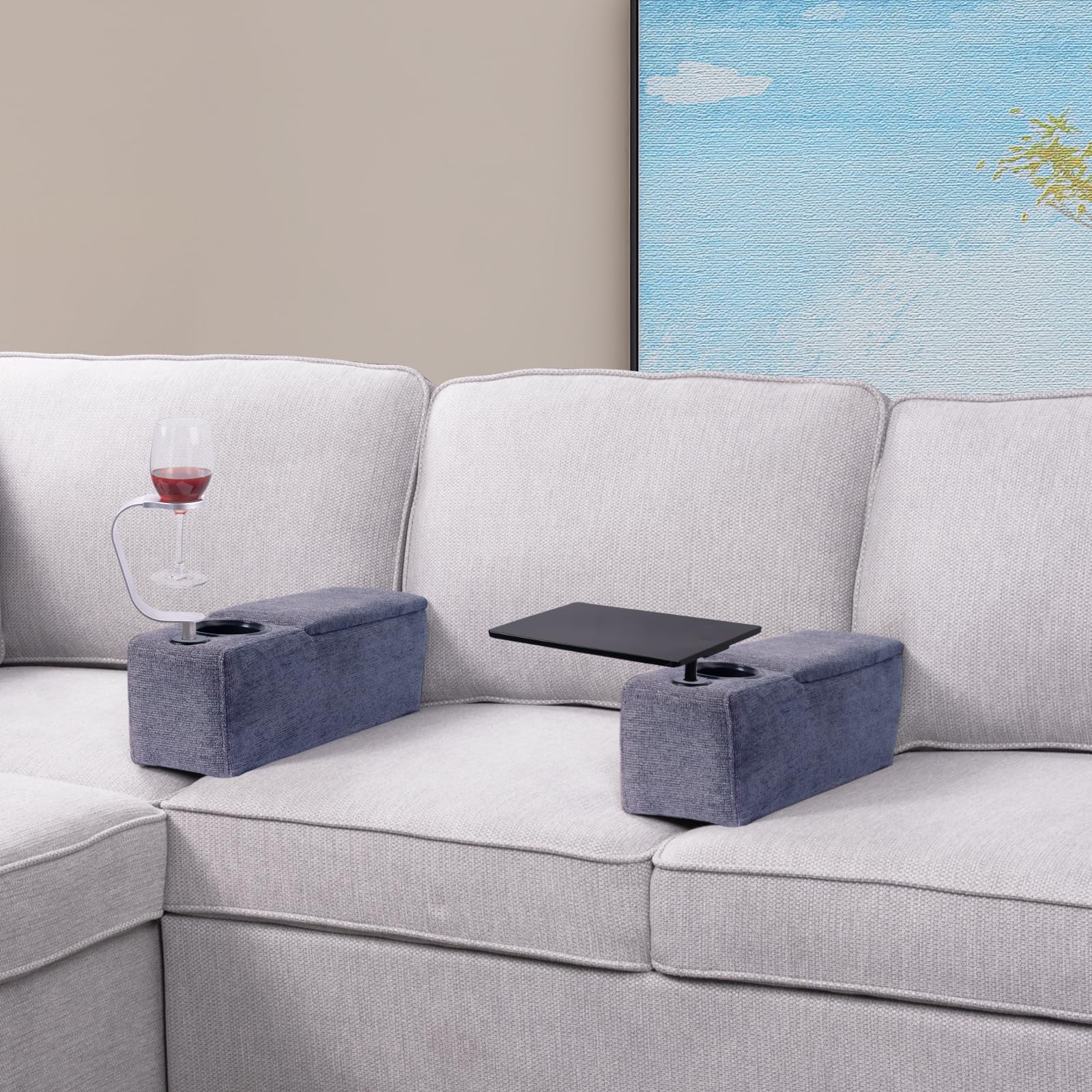Multifunctional Sofa Armrest with Wireless Charger & Storage - Removable Couch Caddy with LED Reading Light, Navy Blue - Perfect for Living Room, Bedroom & Office Comfort