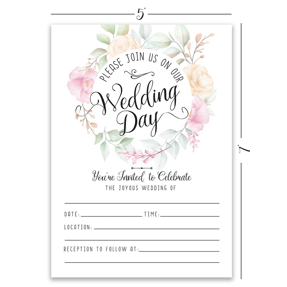 Elegant Pastel Rose Wreath Wedding Invitation Kit - 25 Blank Floral Invitations & Envelopes Set - Minimalist DIY Wedding Stationery for Bridal Shower, Engagement Party & Formal Wedding Events