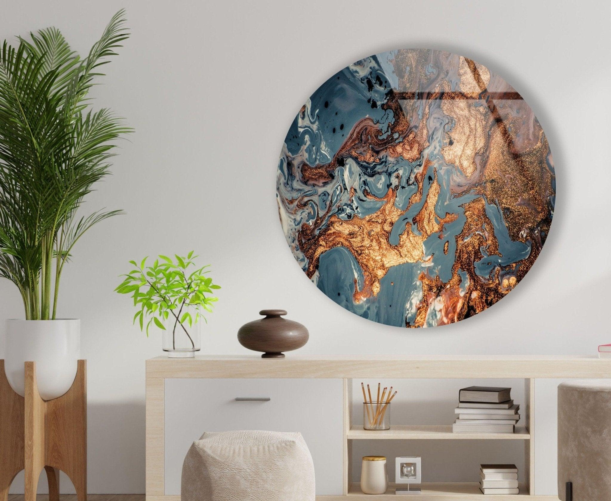 Abstract Round Copper Glass Wall Art - Modern Home Decor for Living Room, Bedroom & Office - Elegant Handmade Metal Wall Sculpture for Unique Interior Design