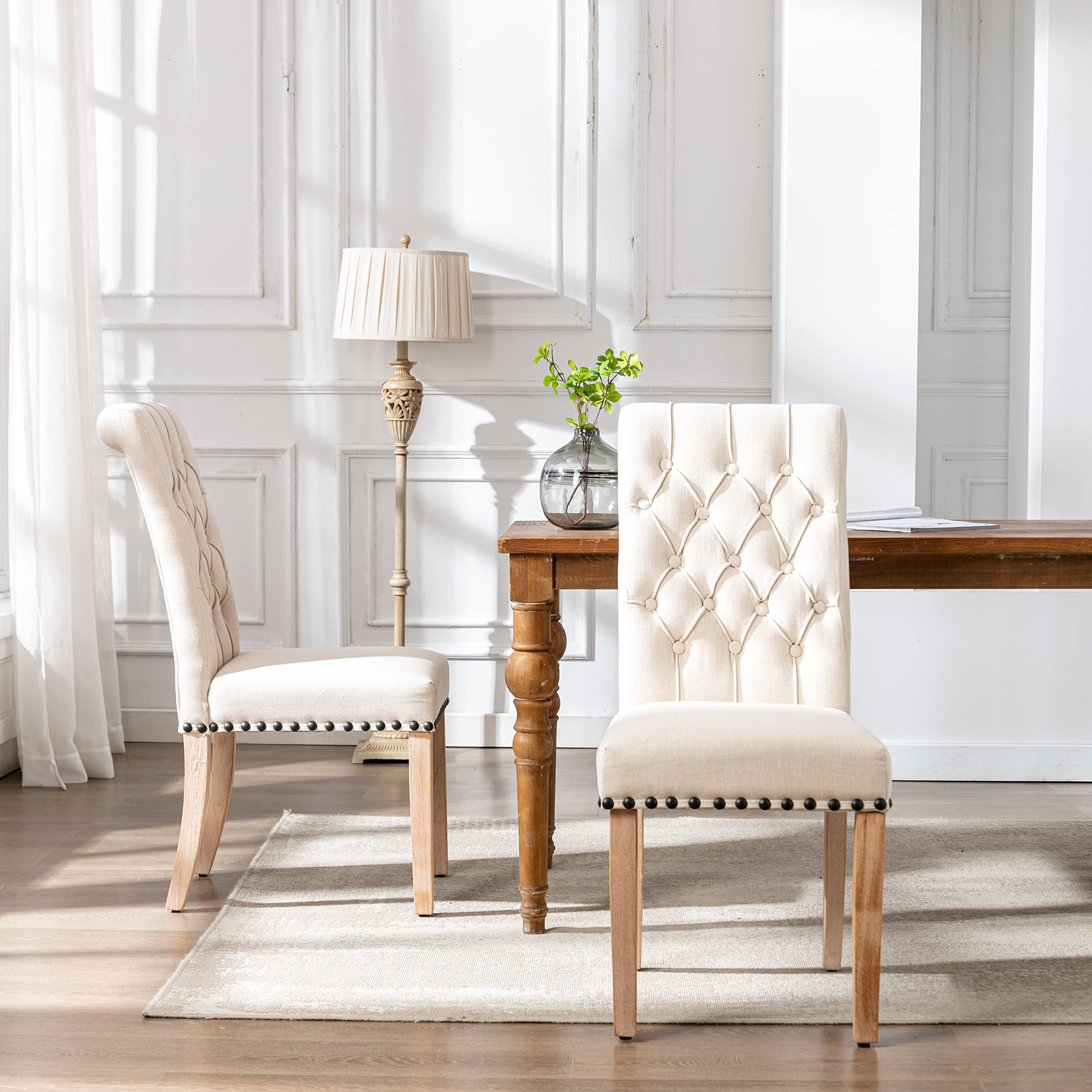 Premium Linen Dining Chairs Set of 2 - Thick Tufted Upholstery with Antique Brass Nail Trim - Elegant Beige Kitchen Chairs for Dining Room, Breakfast Nook & Farmhouse Decor