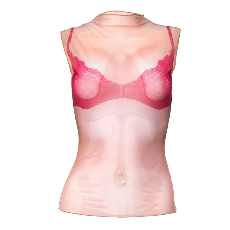 3D Printed Graphic T-Shirts for Women - Transparent Mesh SleeveleSS Streetwear Tops | Fashion Trend 2024 | Perfect for Concerts, Parties and Casual Outfits (Style P85 AE10)