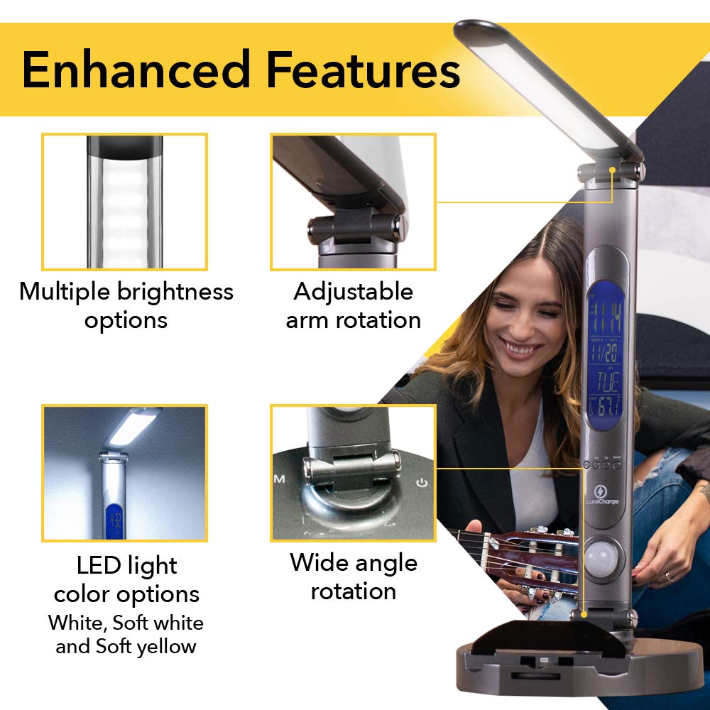 LumiCharge LED 6-in-1 Desk Lamp with Qi Wireless Charger - 10W Fast Charging Pad, Touch Control, Motion Sensor Light, Digital Clock Display | Universal Compatibility for Smartphones & Smartwatches | Modern Black | Perfect for Home Office, Bedroom Nightstand & Workspace Lighting