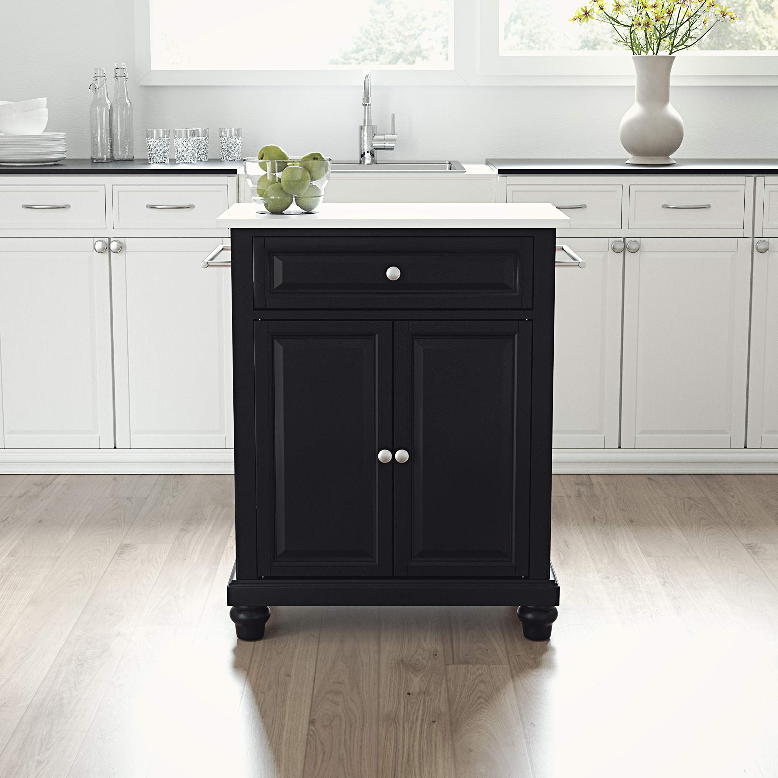 Crosley Cambridge Black Rolling Kitchen Island Cart with Stone Top - Portable Microwave Stand, Storage Cabinet for Small Spaces - Perfect for Apartments, Dorms & Compact Kitchens