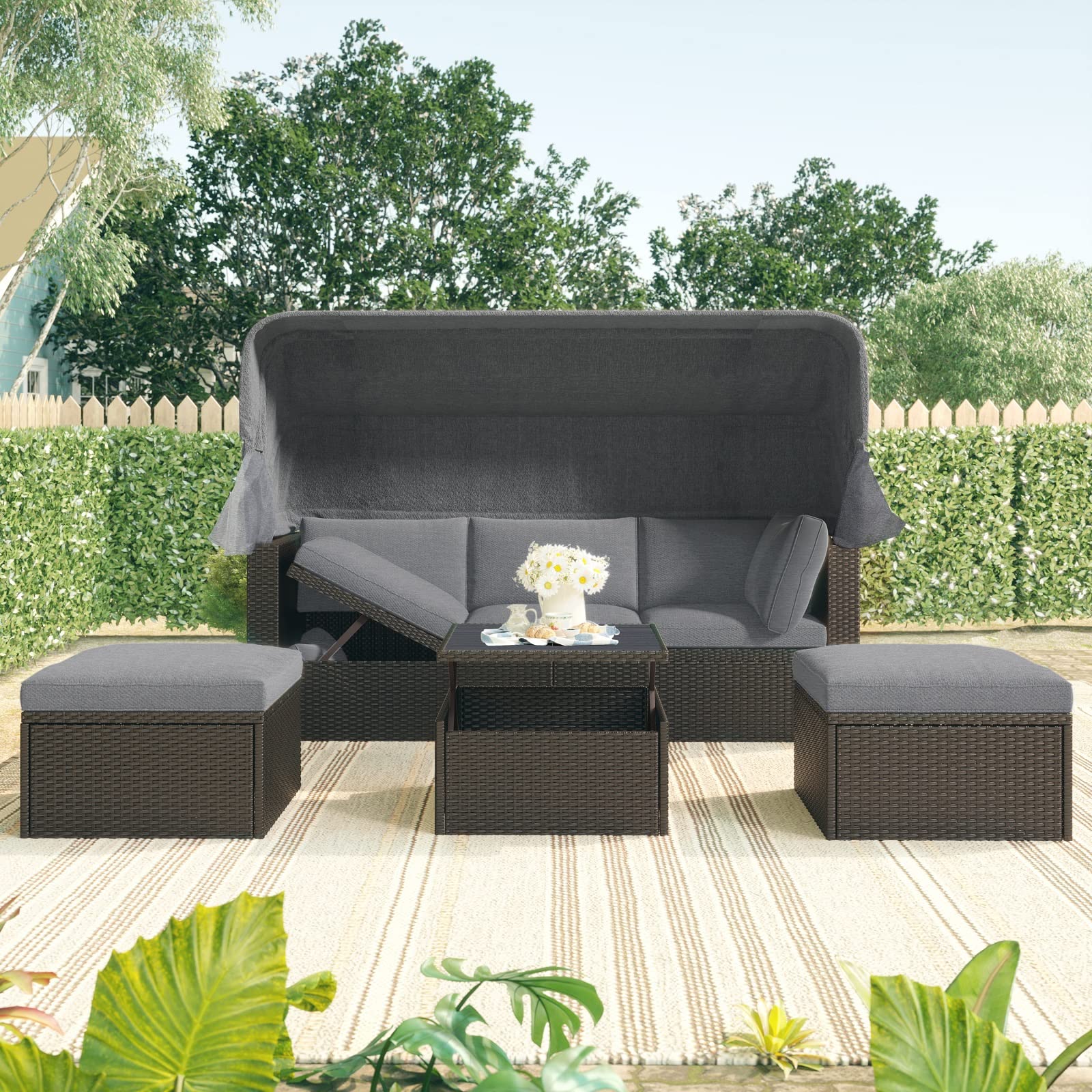 Outdoor Patio Rectangle Daybed with Retractable Canopy - Wicker Rattan Furniture Set with Adjustable Coffee Table - Gray Sectional Sofa Conversation Set for Backyard, Poolside & Garden Relaxation