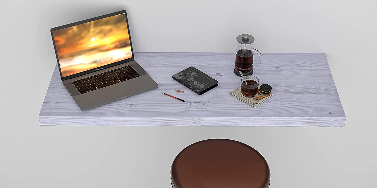 Wall Mounted Floating Desk - Foldable Space Saving Table for Small Spaces, Kitchen Counter, Laundry Shelf & Home Office - Rustic White (49