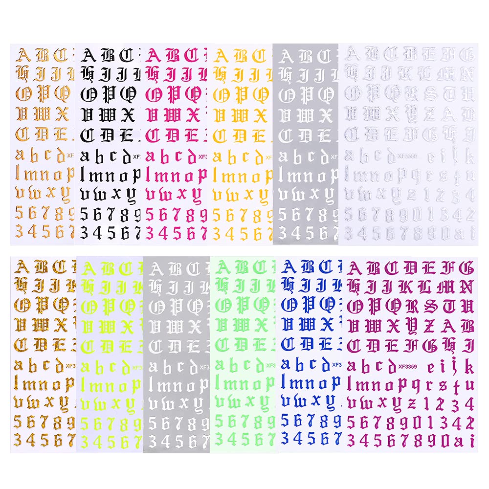 12 Sheets Holographic 3D Letter Nail Art Stickers - Old English Alphabet Laser Nail Decals, Self-Adhesive Nail Stickers for Women & Girls (English Alphabet) - Perfect for Parties, Nail Salons & DIY Manicures