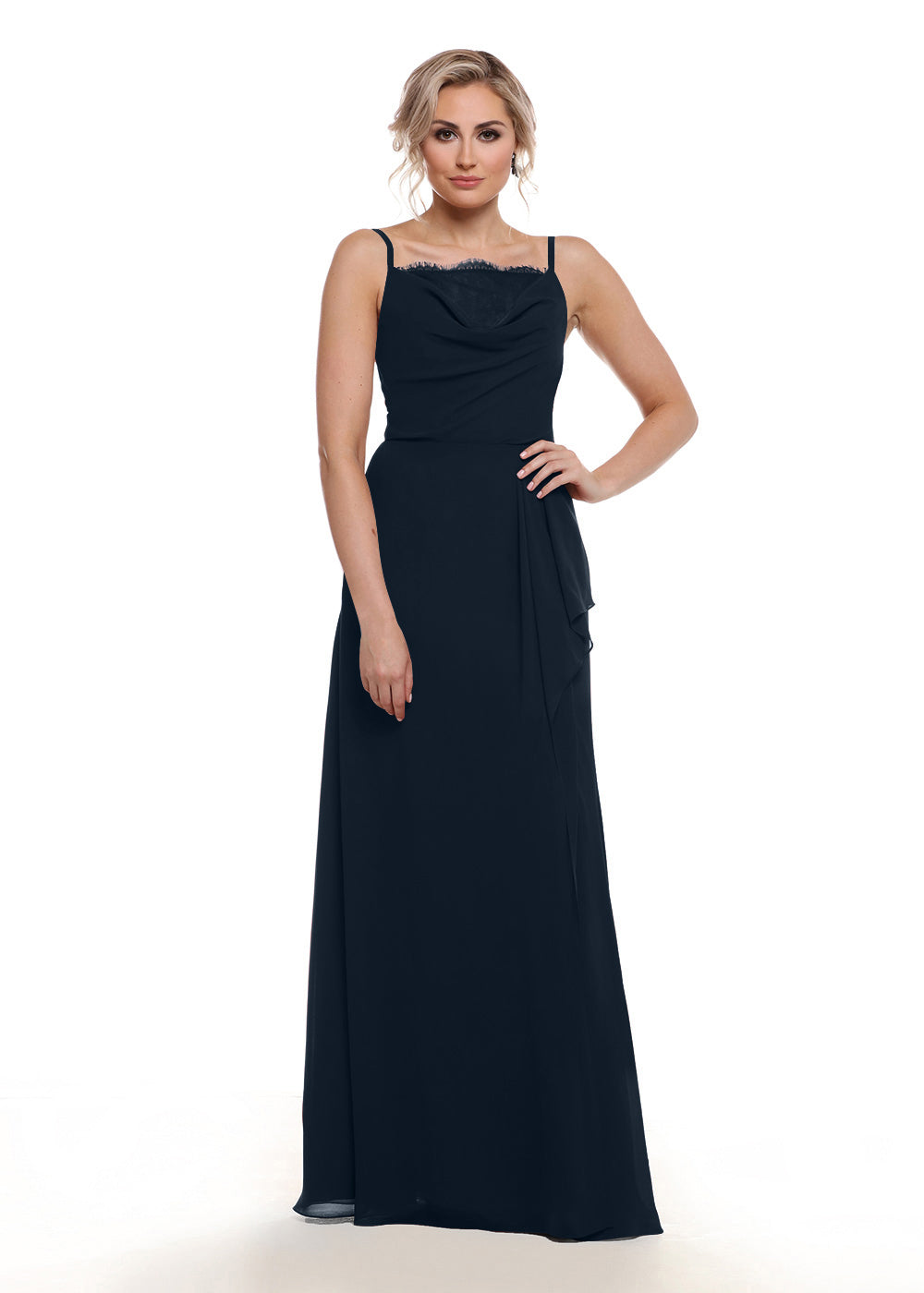 Elegant 80152 Chiffon A-Line Bridesmaid Dress with Lace Bodice & High Slit - Perfect for Weddings, Formal Events & Evening Parties