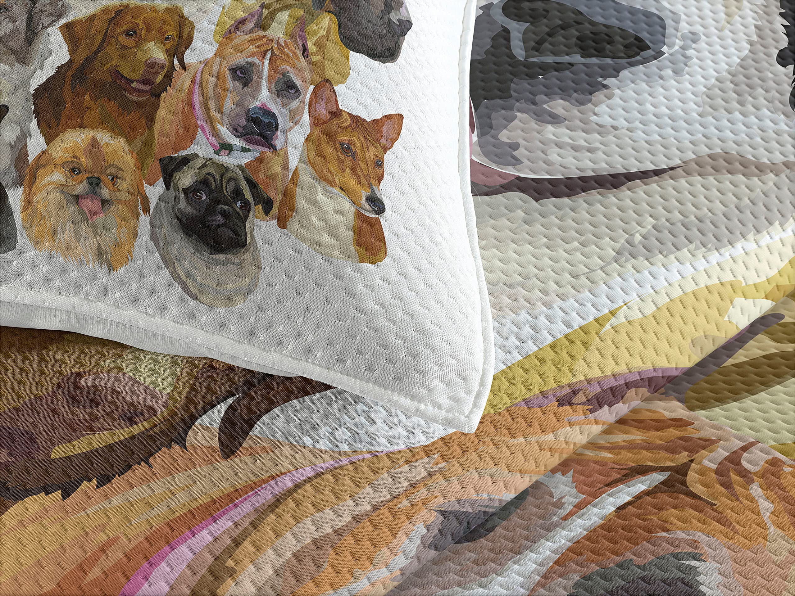 Ambesonne Dog Lover Quilt Set - King Size 3-Piece Bedspread with Pekingese, Pitbull, Basenji, Australian Shepherd & Great Dane Designs | Decorative Quilted Coverlet & 2 Pillow Shams | Perfect for Pet Lovers' Bedroom Decor & Cozy Home Styling