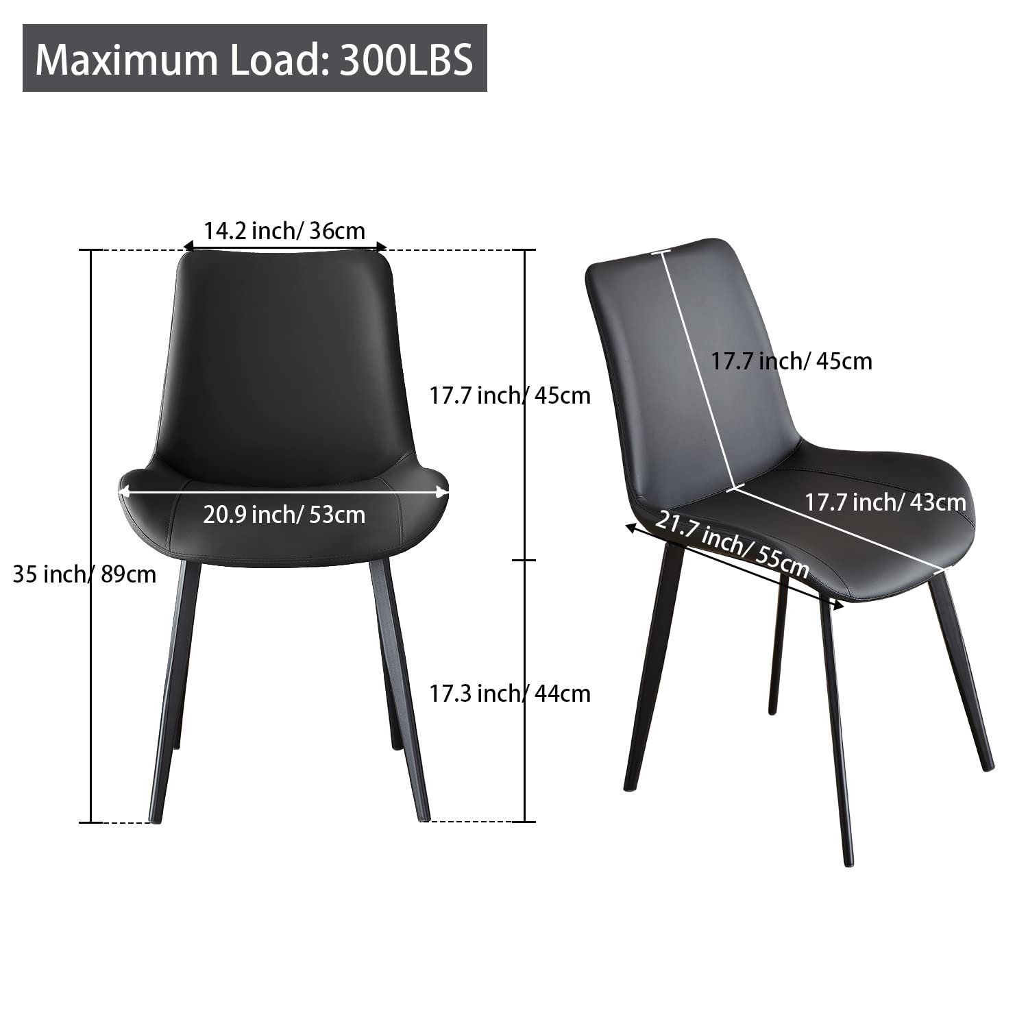 Modern Faux Leather Dining Chairs Set of 4 - Black Kitchen Chairs with Sturdy Metal Legs - Comfortable for Dining Room, Living Room, Kitchen, Bedroom, Cafe, Bistro & Restaurant Use