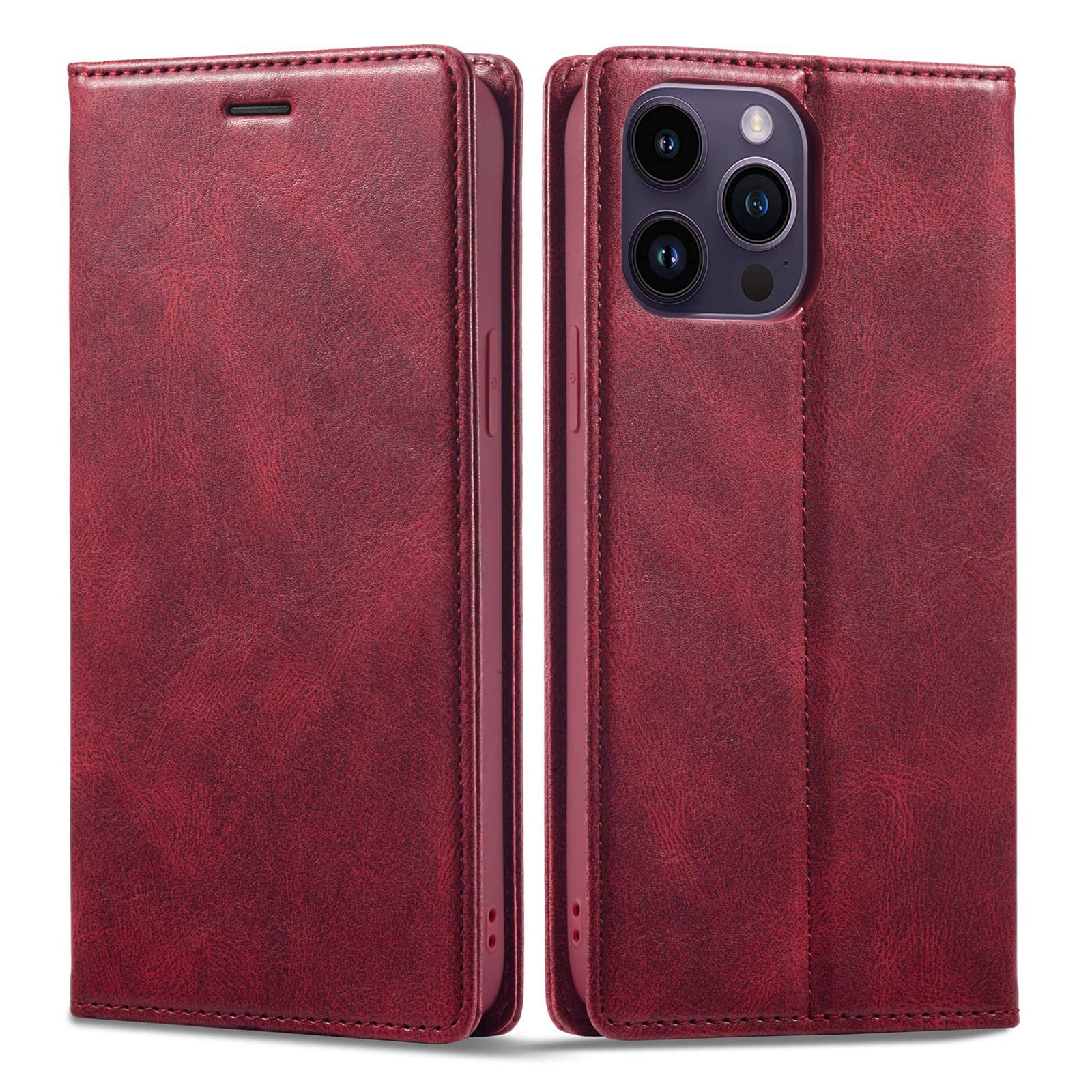 Premium Leather JabrOn Wallet Case for iPhone 14/14 Plus/14 Pro/14 Pro Max - Magnetic Flip Cover with Card Holder, Kickstand & TPU Protection (Red) - Perfect for Business, Travel & Everyday Use