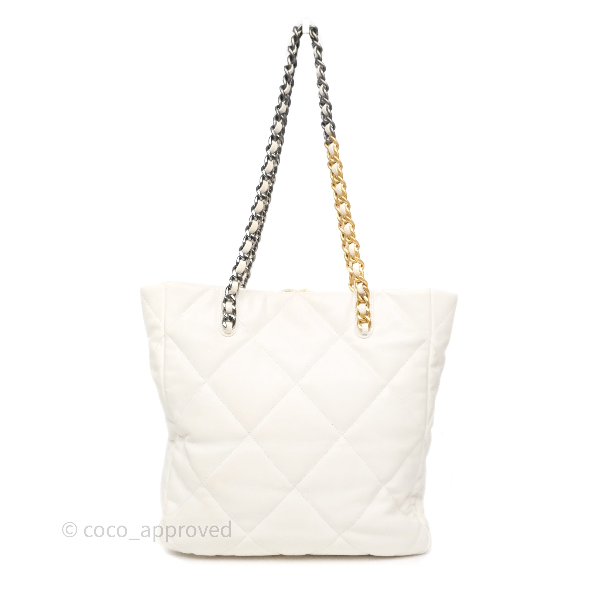 Chanel 19 Quilted Leather Tote Bag in White with Mixed Gold & Silver Hardware - Luxury Designer Handbag for Women, Perfect for Work, Travel & Everyday Use