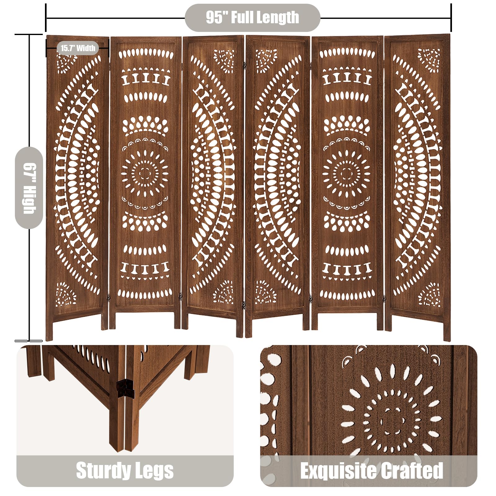 5.6 FT Wooden Room Divider Screen - 6 Panel Freestanding Partition for Home, Bedroom, Office & Restaurant - Rustic Brown Portable Wall Divider - Perfect for Privacy, Space Separation & Decoration