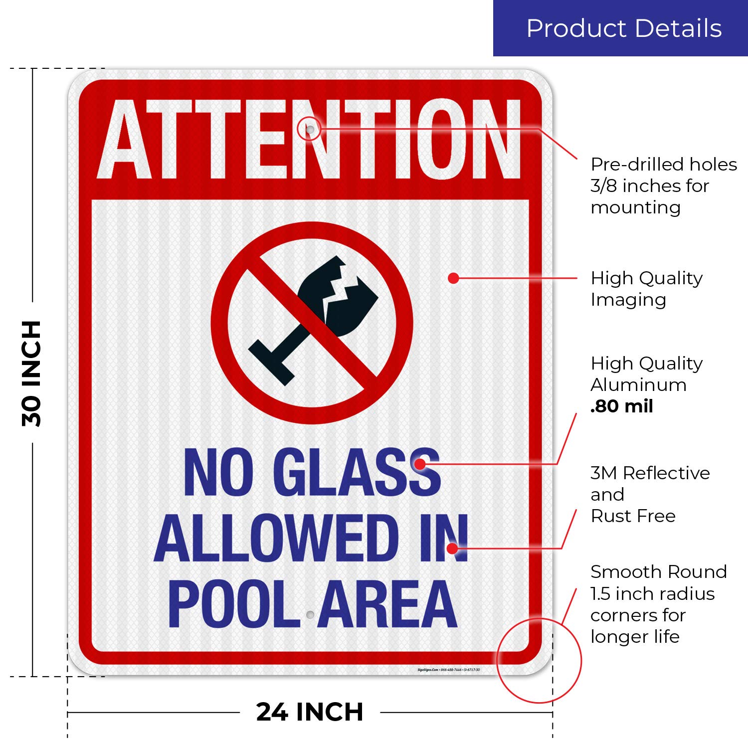 No Glass Allowed in Pool Area Sign - 24x30 Inches Reflective Aluminum Pool Safety Sign - Durable 3M EGP .080 Aluminum, Fade Resistant - Perfect for Public Pools, Water Parks & Backyard Swimming Areas