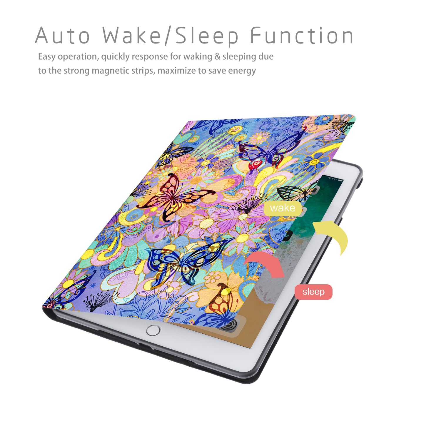 iPad 6th/5th Generation Case & iPad Air 2/Air 1 Case - Slim Hard Back Cover with Auto Wake/Sleep | 9.7 Inch Protective Case for Kids & Girls | Multi-Angle Viewing Stand | Butterfly Design - Perfect for School, Travel & Home Use