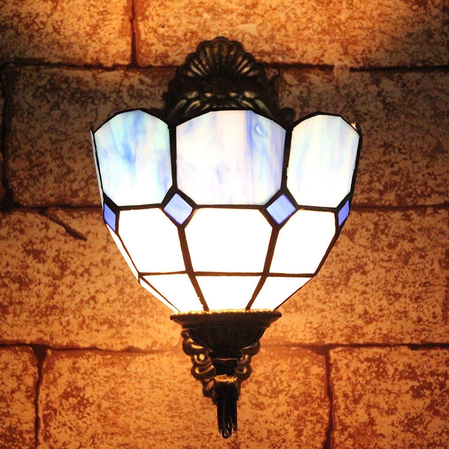 8 Inch Blue Mediterranean Minimalist Tiffany Lamp - Ceiling & Wall Light Fixture for Bedroom, Living Room, Hallway - Vintage Stained Glass Decorative Lighting for Home Decor