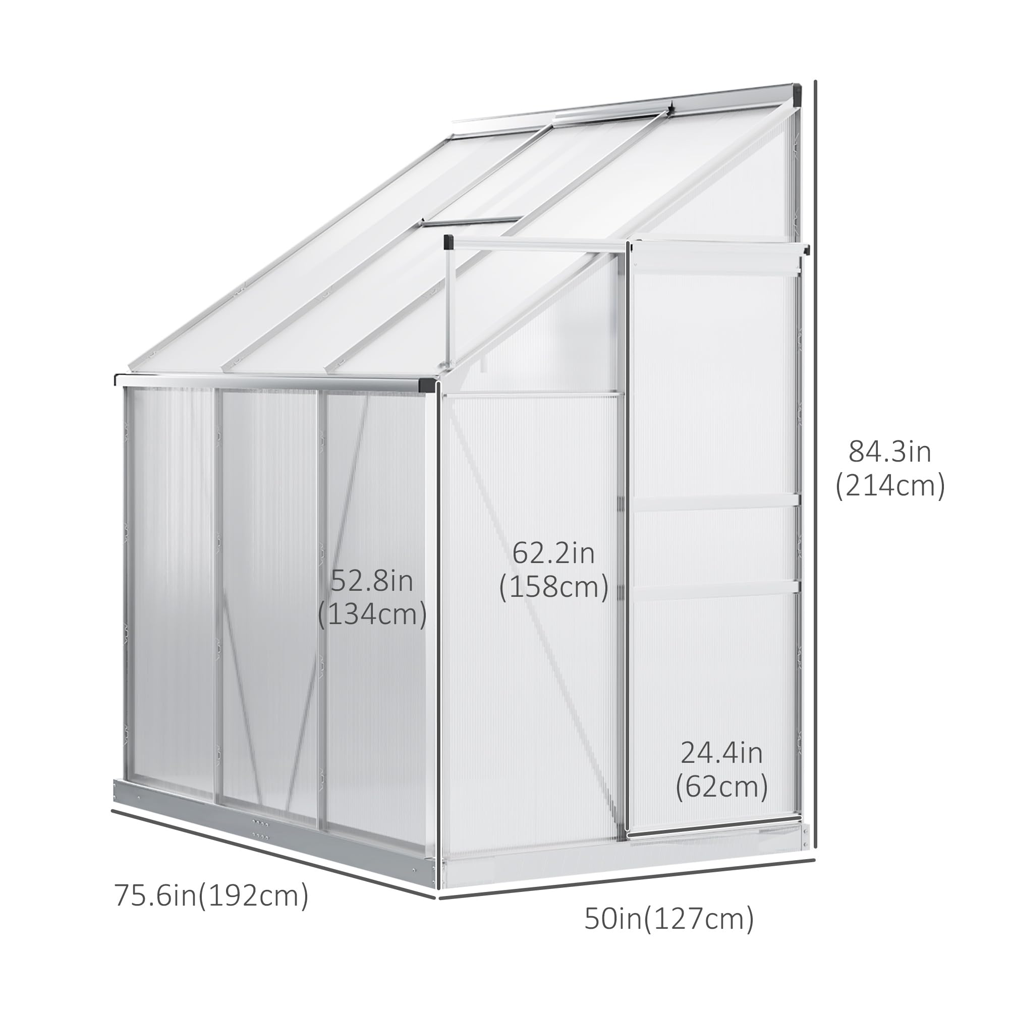Outsunny 6x4 FT Aluminum Lean-to Polycarbonate Greenhouse with Adjustable Roof Vent, Rain Gutter & Sliding Door - Winter-Ready Walk-in Garden Greenhouse for Plants, Vegetables & Flowers - Perfect for Backyards, Patios & Small Gardens