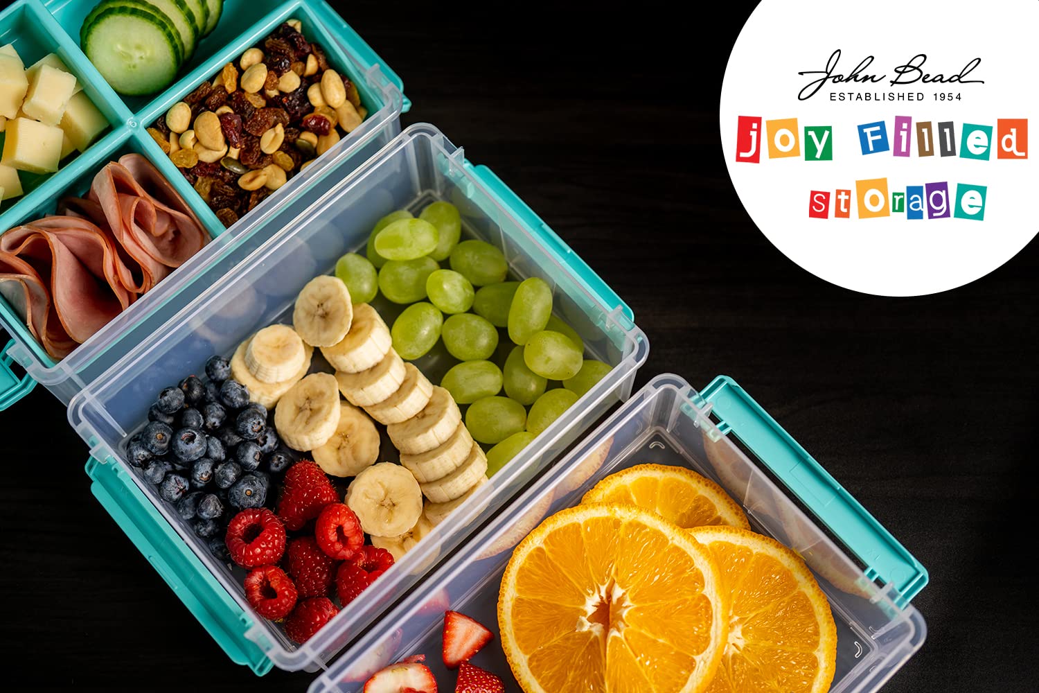 Joy Filled Storage - 2 Clear Stackable Food Storage Containers with Lids (5.5x4x2 Inches) - Turquoise Trim for Crafts, Kitchen Organization & Home Decor | Perfect for Baking Supplies, Office Desk & Craft Room Storage