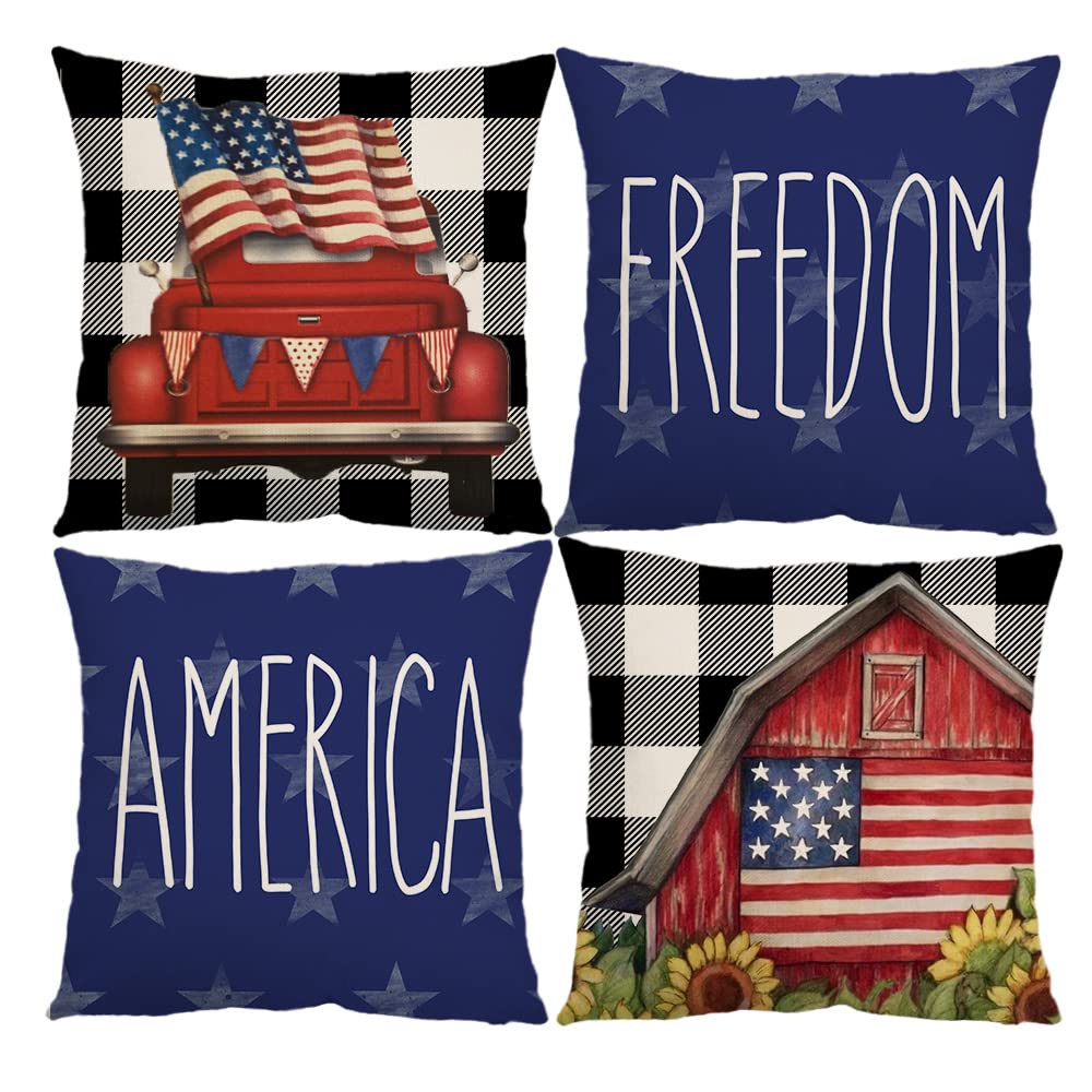 4th of July Patriotic Pillow Covers Set of 4 - 18x18 Inch Red Truck America Flag Stars and Stripes Throw Pillow Covers for Sofa, Couch, Bedroom - Independence Day, Memorial Day Home Decor