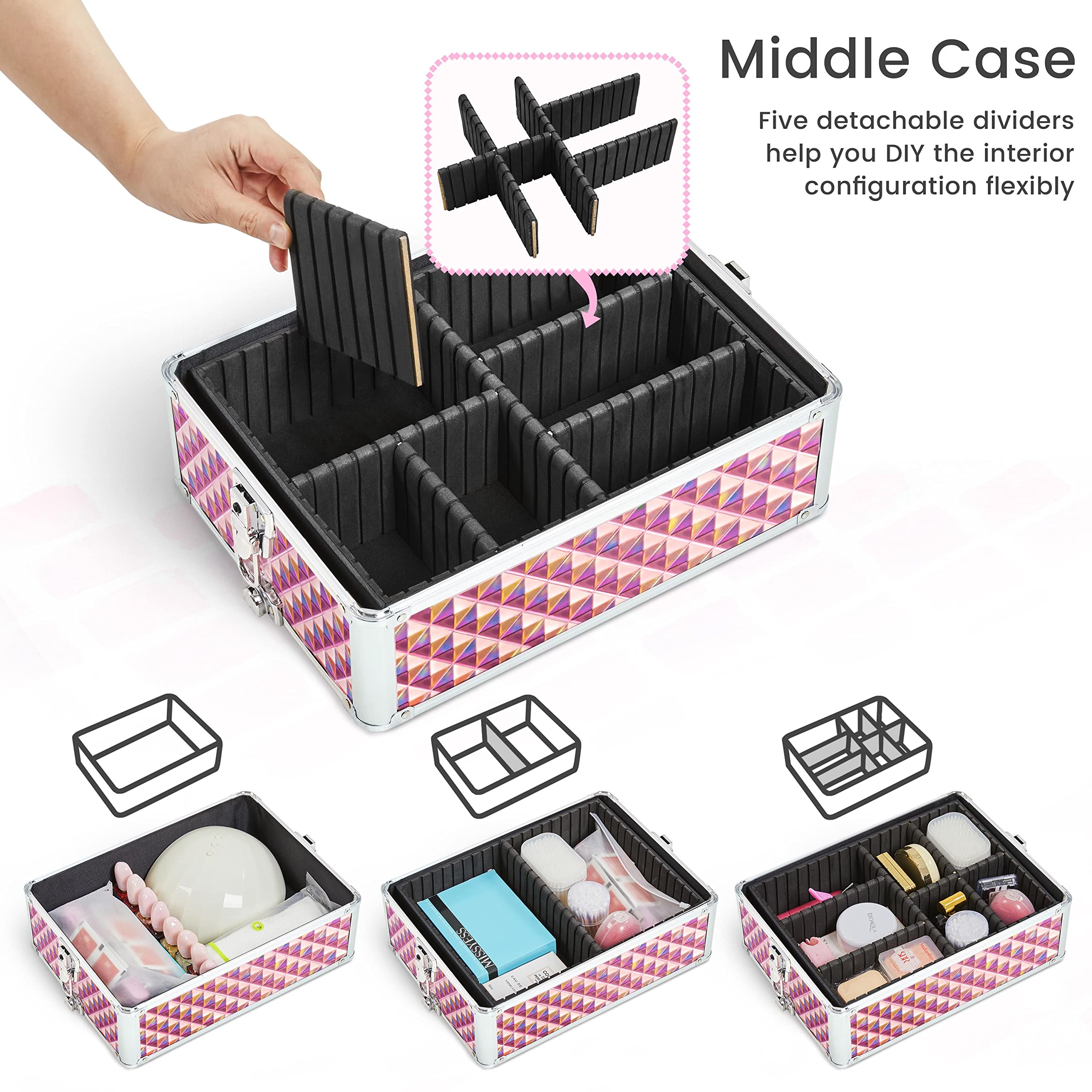 Yaheetech 4-in-1 Professional Makeup Train Case - Rolling Cosmetic Trolley with 4 Detachable Swivel Wheels, Makeup Organizer & Travel Case in Glitter Pink | Perfect for Salon Artists, Mobile Makeup Services & Beauty Professionals On-The-Go