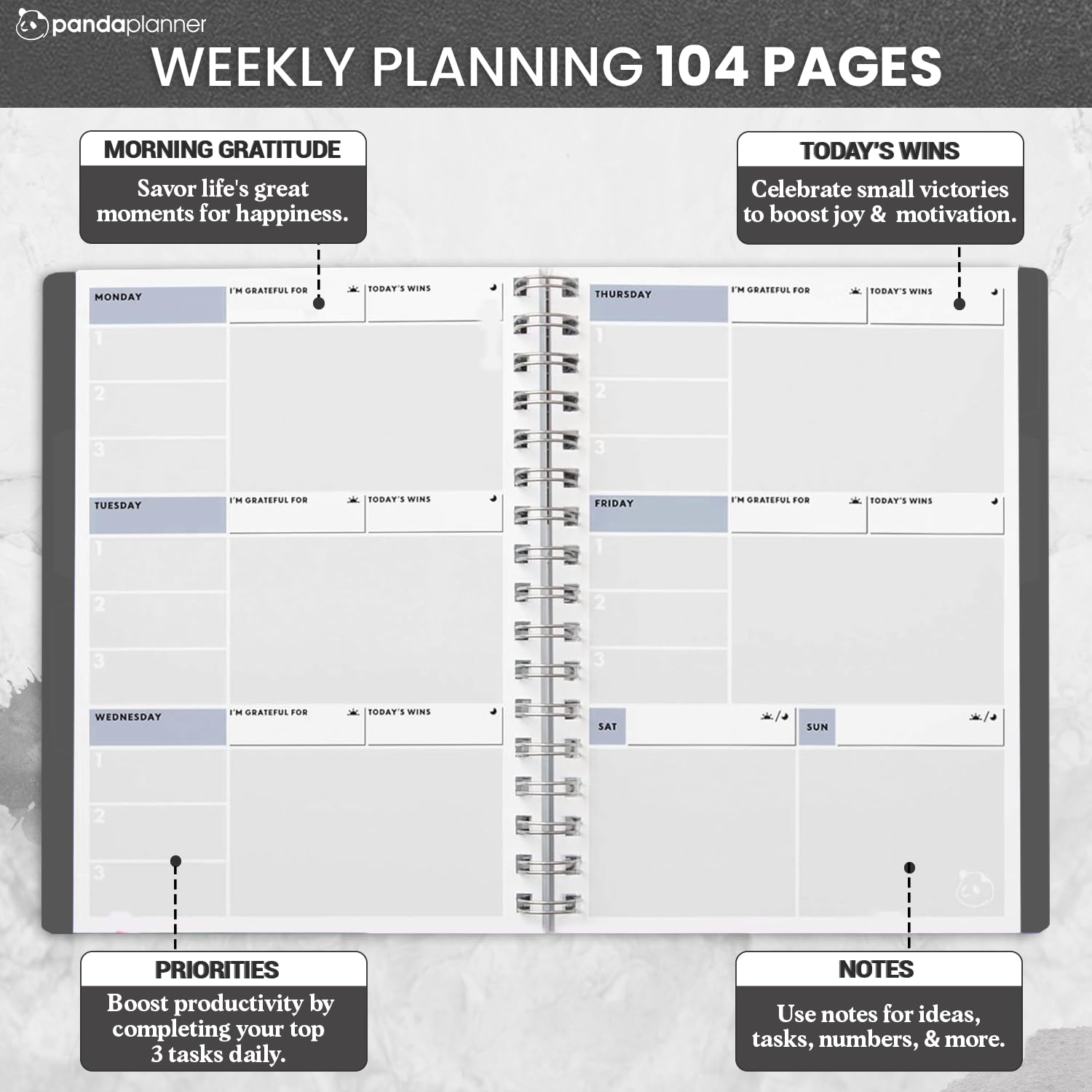Panda Planner 2025 Undated Weekly Planner - Spiral Bound 5.75” x 8.25” To-Do List Notebook with Habit Tracker | 52 Weeks Calendar for Productivity | Perfect for Home, School, Office & Daily Planning | Black
