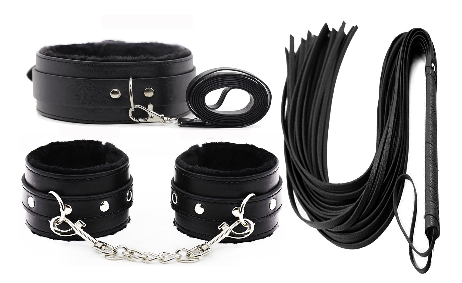 Premium 3-Piece BDSM Bondage Restraint Set with Adjustable Collar, Flogger & Handcuffs - Durable & Comfortable for Adults - Perfect for Role Play, Cosplay & Fetish Scenes