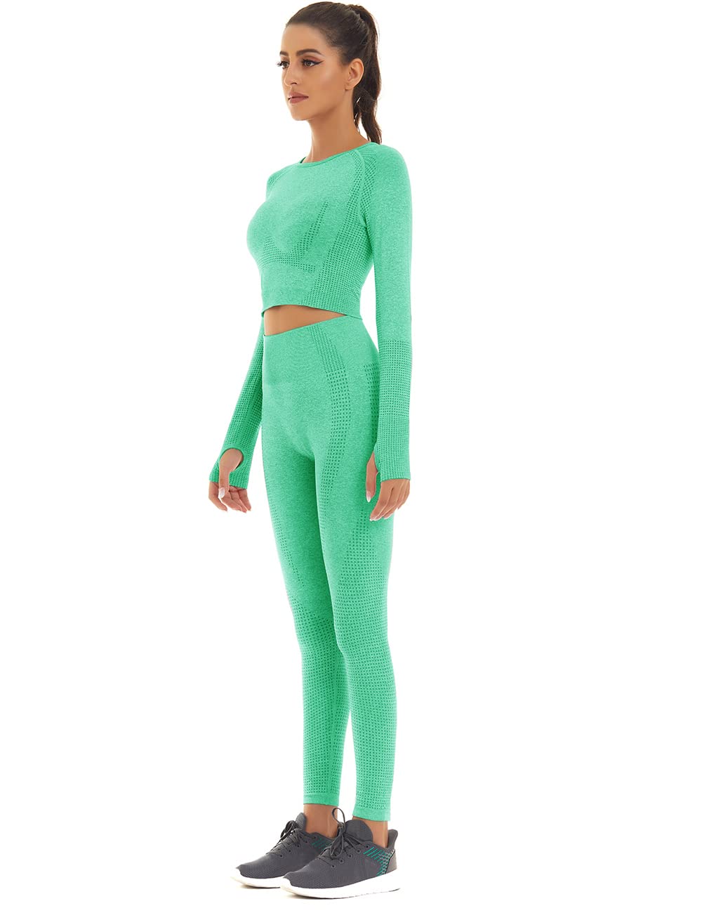 **Women's Seamless Workout Outfit - 2 Piece Athletic Set with High-Waisted Leggings & Long Sleeve Top | Gym, Yoga, Running, Fitness & Casual Wear**