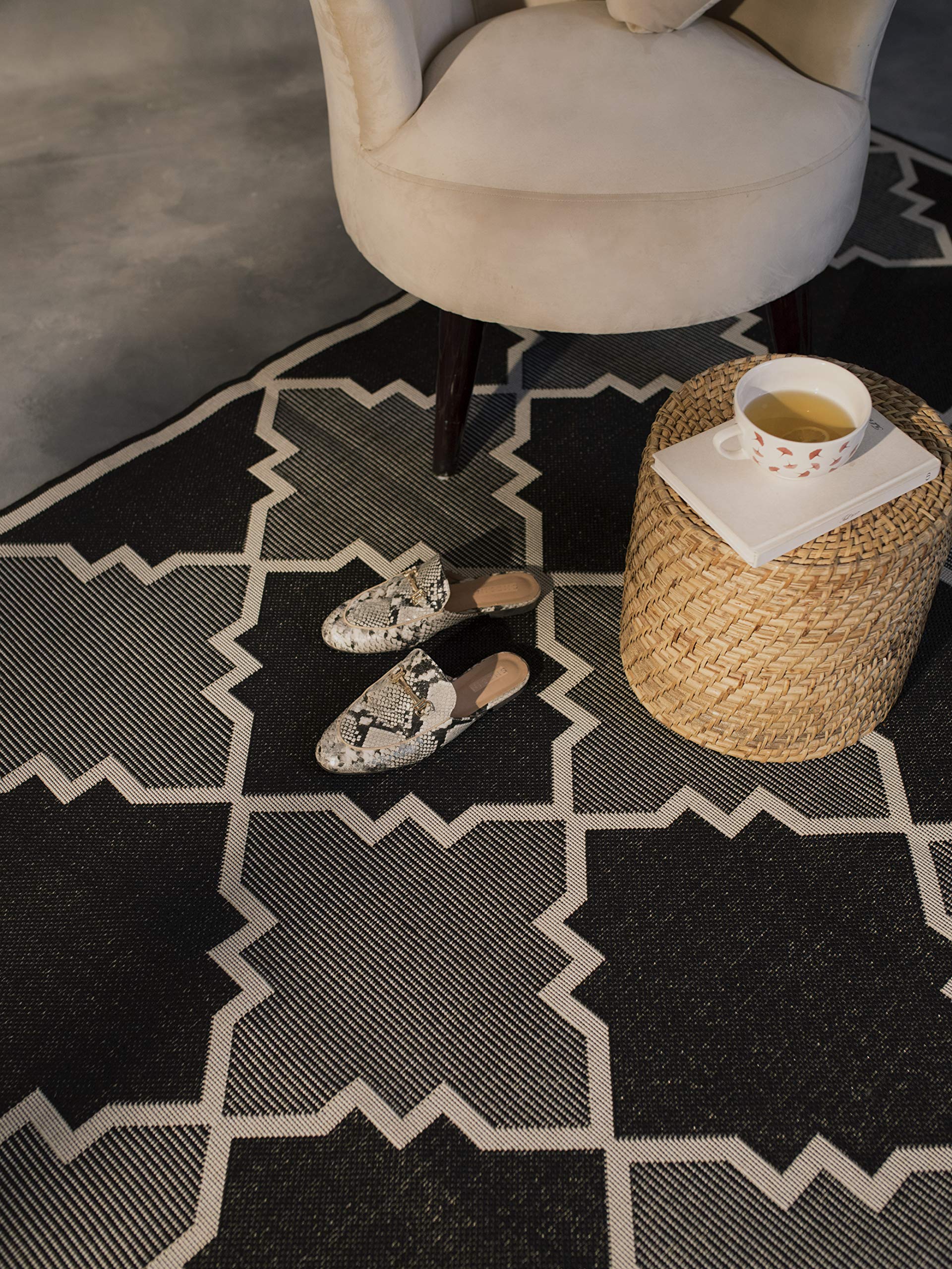 Furnish My Place Outdoor Collection Diamond Trellis Rug - 2x3 ft Black Geometric Waterproof Rug for Patio, Garden, Deck, Balcony & Outdoor Living Spaces