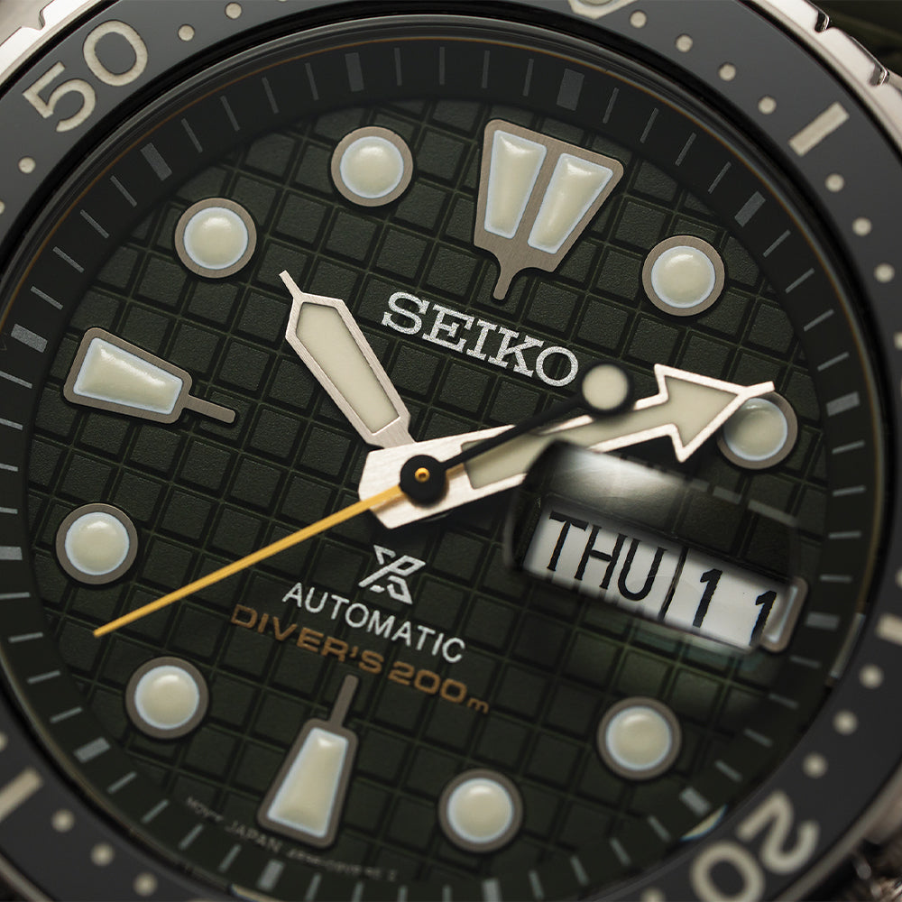 Seiko SRPE05 Prospex Automatic Diver Watch - 45mm Green Dial with Rubber Strap for Men | Waterproof Scuba Diving, Swimming & Outdoor Adventures
