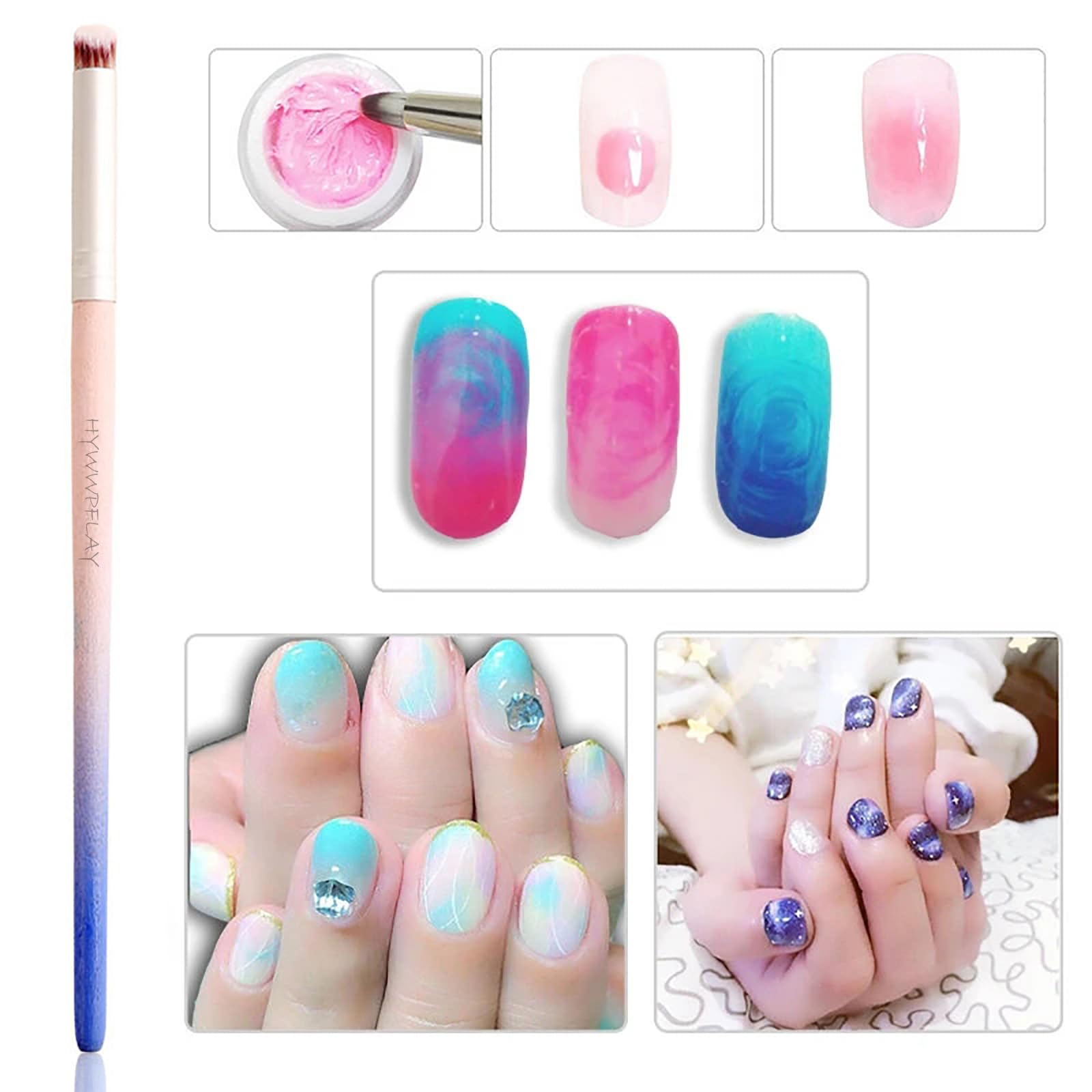 6-Piece Ombre Nail Brush Set - Wood Handle Gradient Brush for Gel & Acrylic Nails - Professional Nail Art Design Painting Kit - Perfect for Salon, Home Manicure & DIY Nail Art