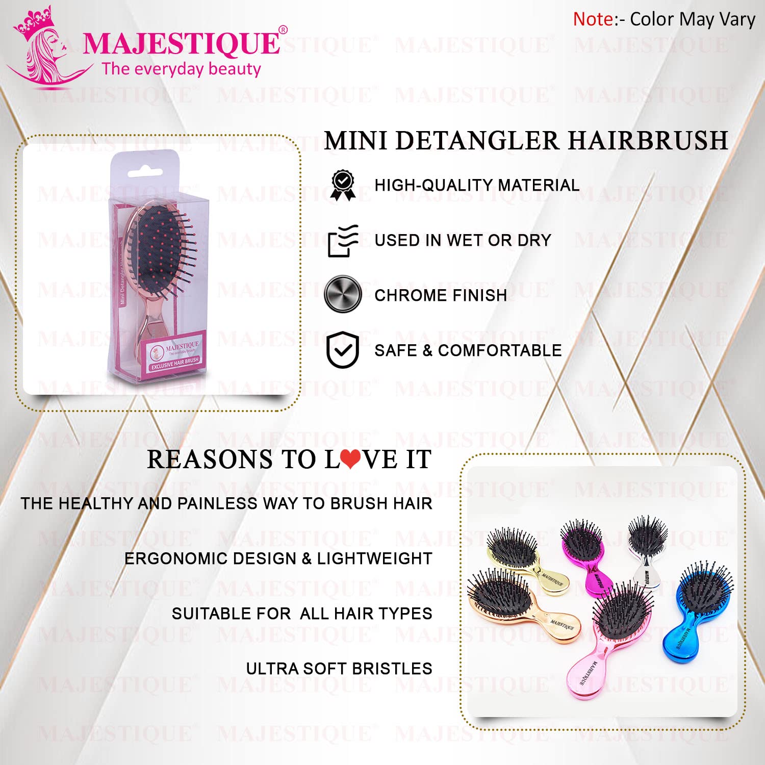 Majestique Mini Pocket Detangling Hair Brush - Compact Travel Hairbrush for Women & Girls | Tangle-Free Styling Brush in Multicolor | Perfect for On-the-Go, Purse, Gym & Travel Essentials