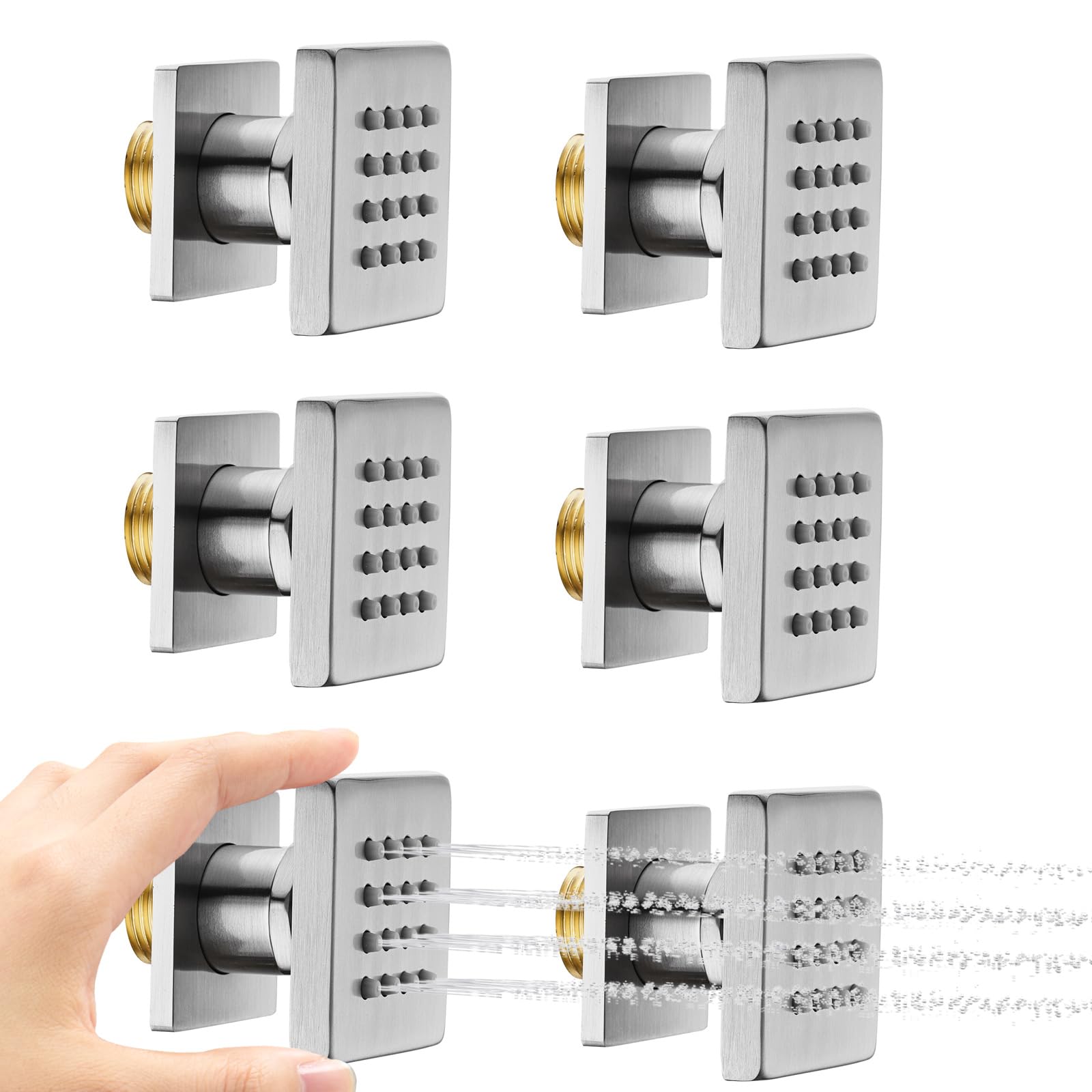 6PCS Square Shower Body Jet Spray with On/Off Flow Control - Brass Head Spa Massage Wall Mounted Shower Jets in Brushed Nickel for Bathroom Relaxation & Hydrotherapy