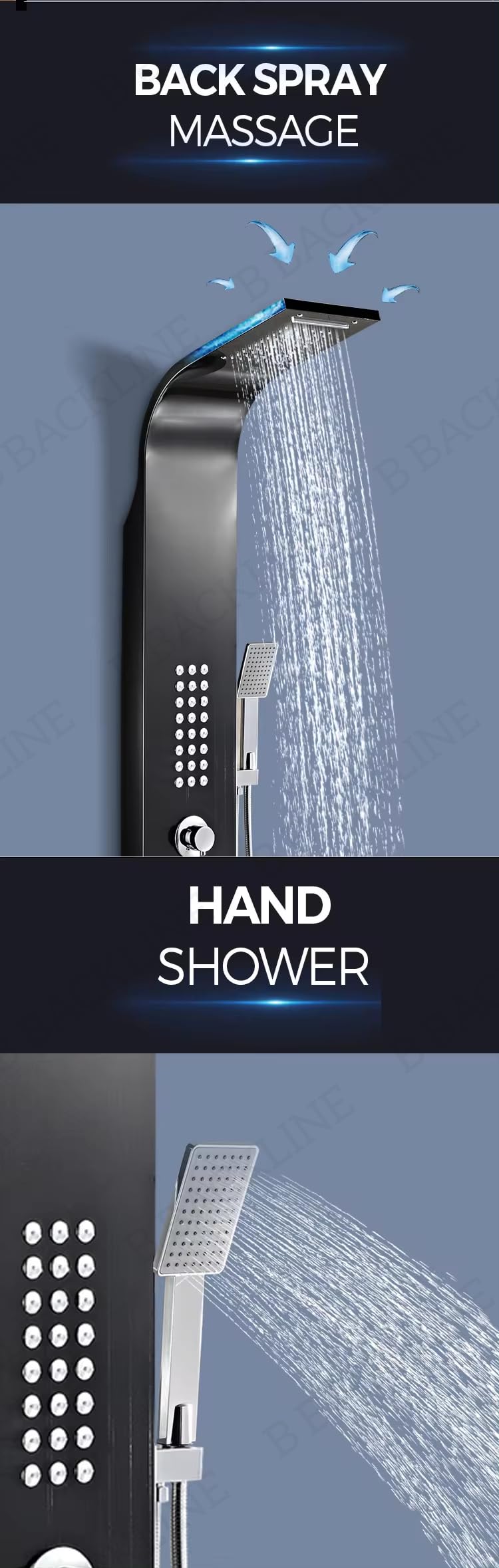 Stainless Steel Shower Panel Set - Dual Flow Overhead Waterfall & Handheld Shower Combo | Wall Mount Bathroom Shower System in Black Glossy Finish | Perfect for Spa-Like Experience & Modern Home Renovation