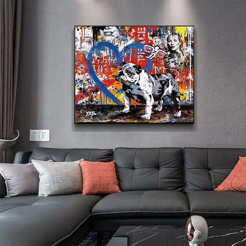 Urban Street Graffiti Art Dog Canvas Wall Painting - Modern Home Decor for Living Room, Bedroom & Office