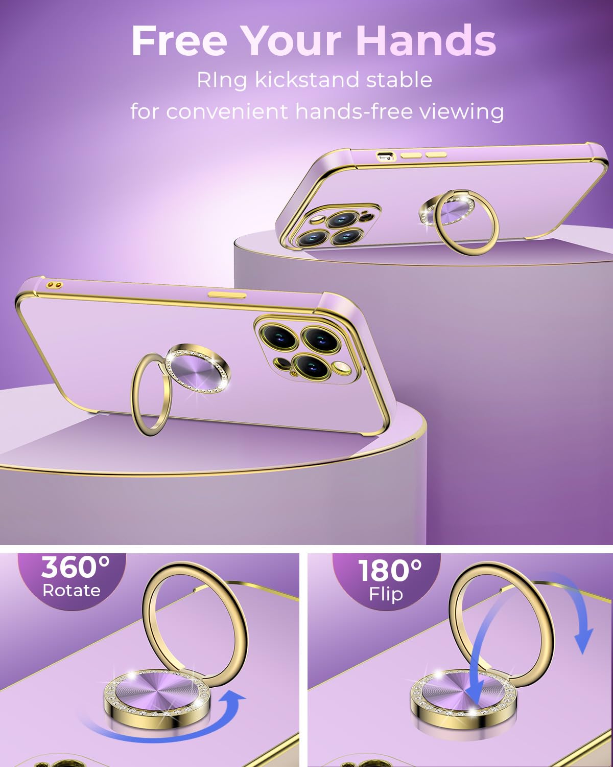 Luxury iPhone 12 Pro Max Case with Ring Stand - Shockproof TPU Cover for Women | Purple 6.7