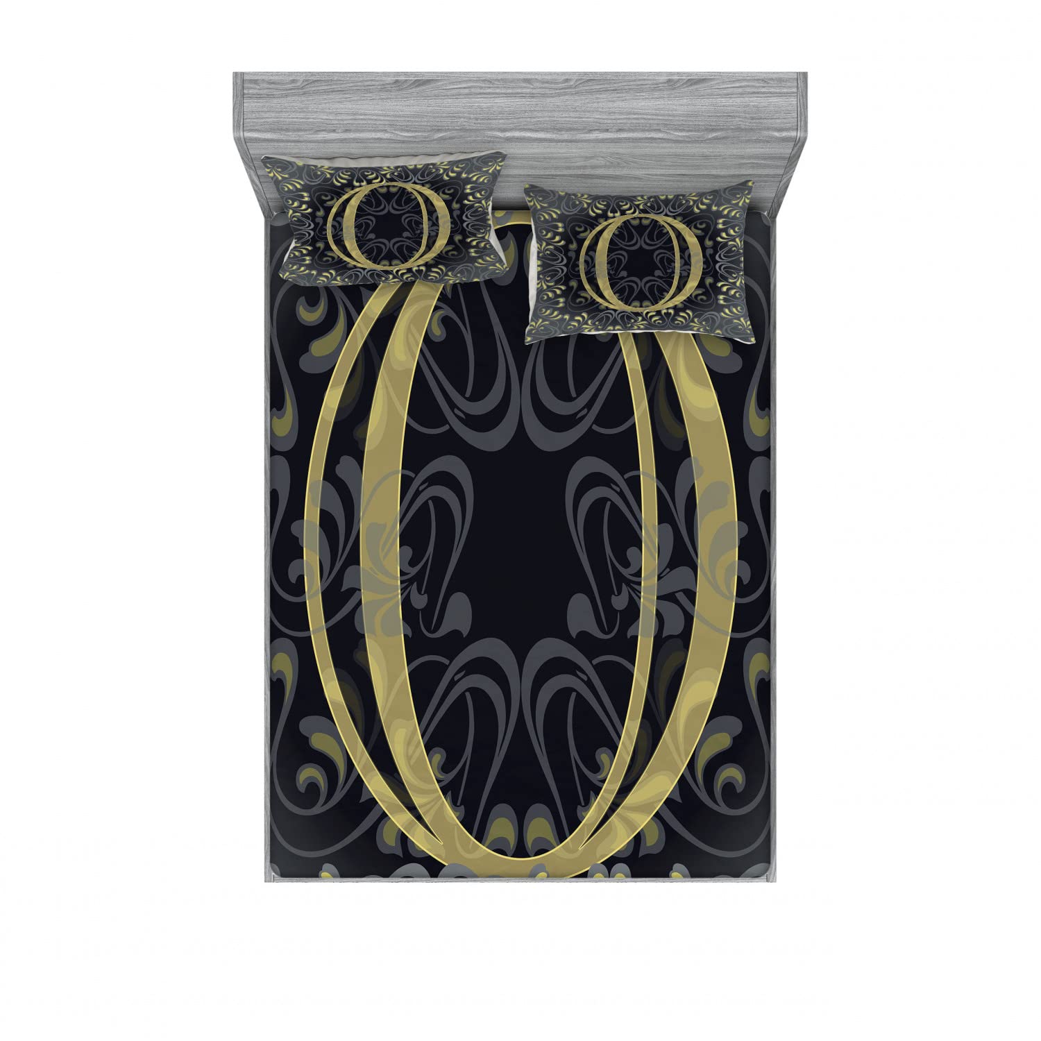 Ambesonne 4-Piece Full Size Bedding Set - 2 Fitted Sheets & 4 Pillow Shams, Victorian Damask Pattern in Dark Blue Grey Yellow, Luxury Bedroom Decor for Guest Rooms & Master Suites