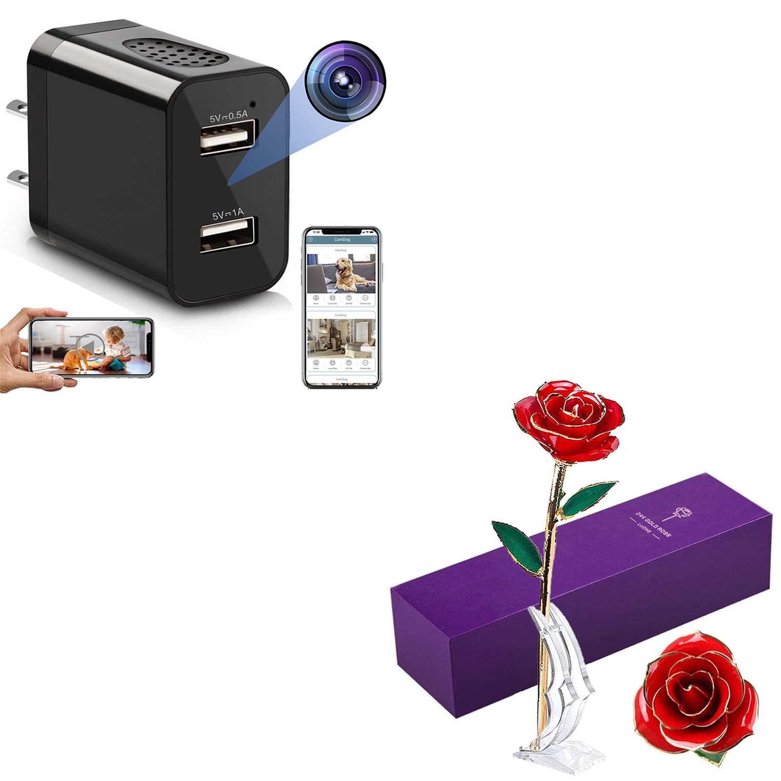 Wireless Hidden Spy Camera WiFi Charger - 24K Gold Rose Design for Anniversary & Unique Gifts | Remote Viewing, Home Security, Office Monitoring