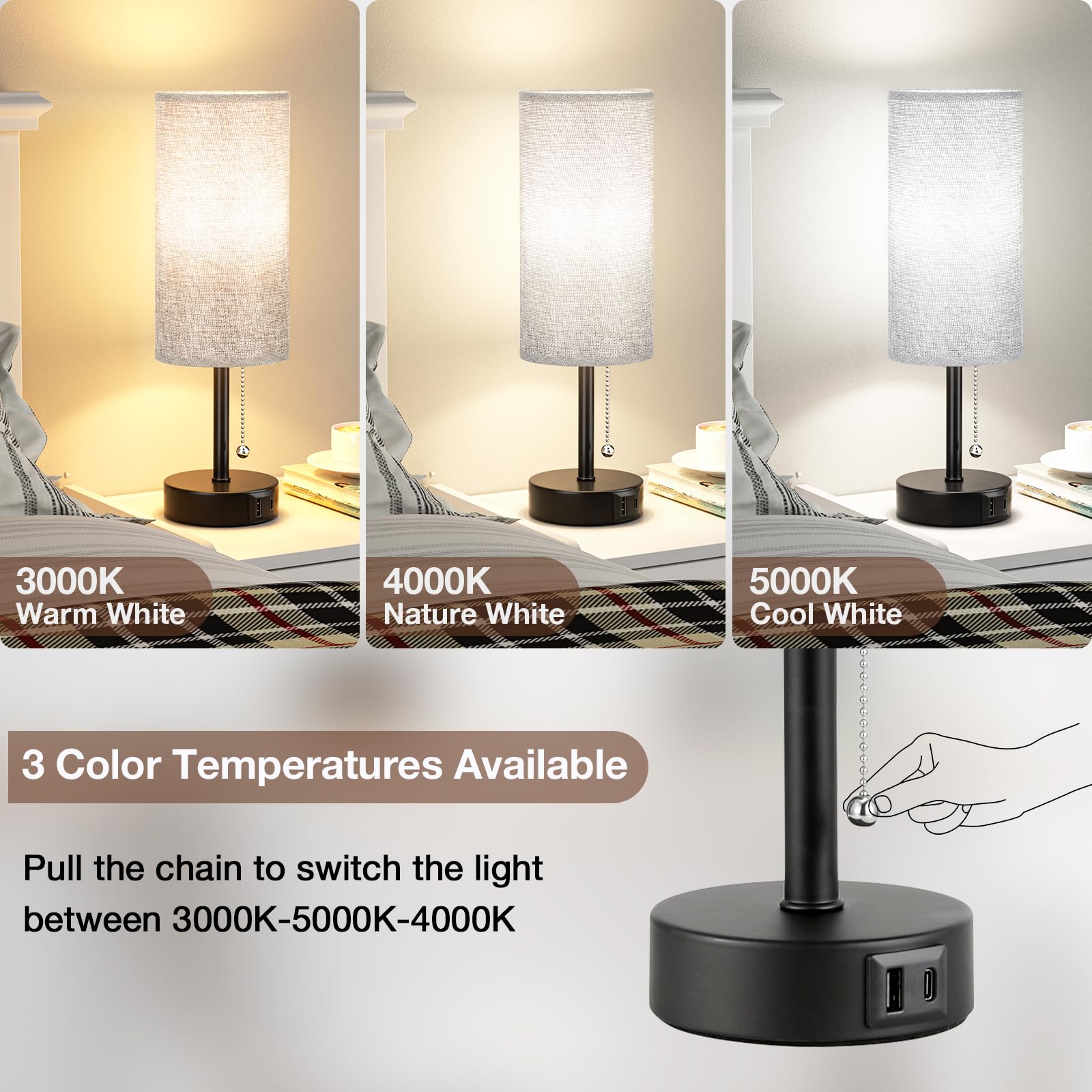 Set of 2 Grey Bedside Lamps - 14 Inch Nightstand Table Lamps with USB A+C Charging Ports, 3-Way Color Temperature, Pull Chain Switch | Perfect for Bedroom, Dorm Room, Office Desk & Reading Nook Lighting