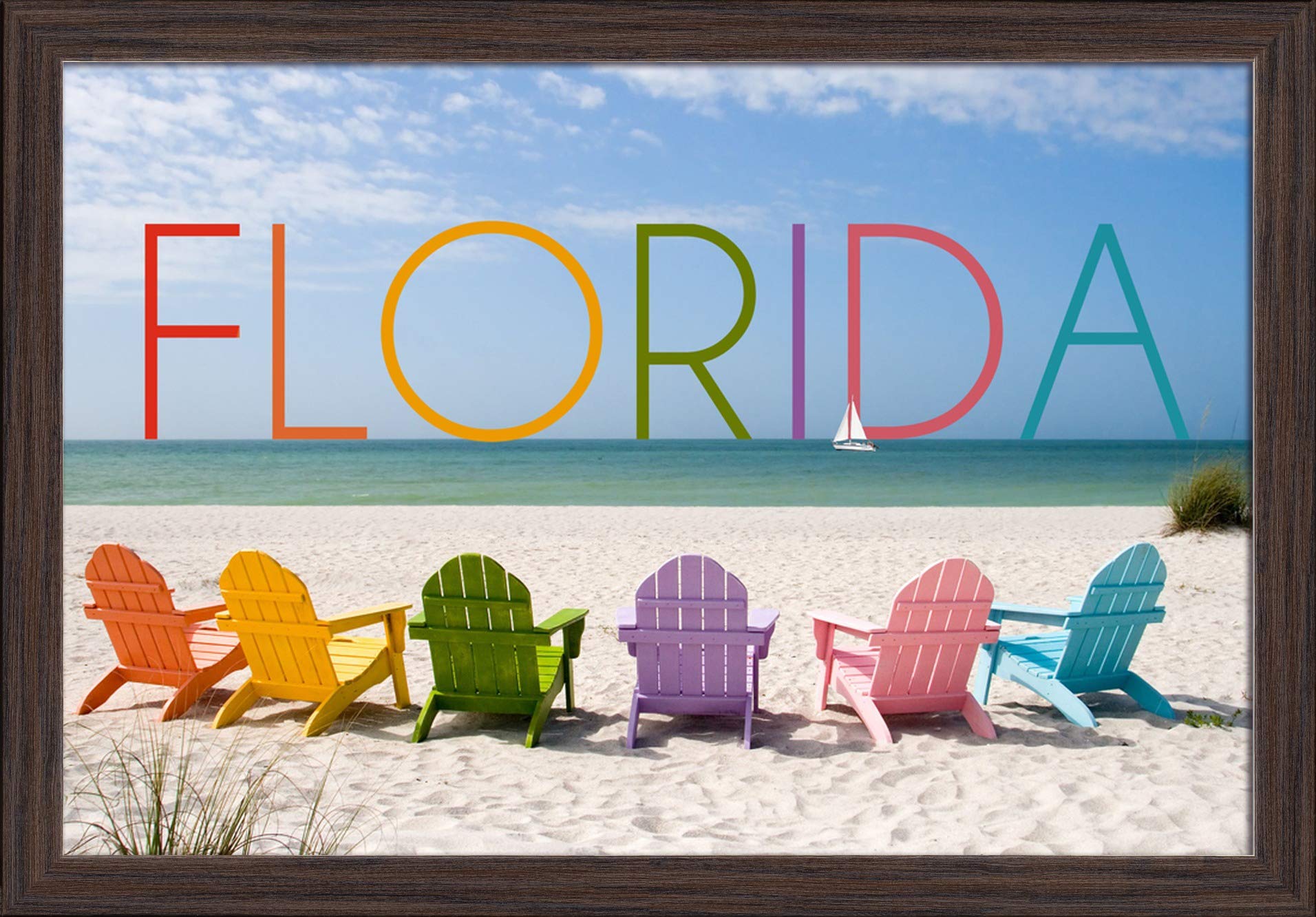 Florida Colorful Beach Chairs - 16x24 Giclee Fine Art Print with Recycled Wood Frame in Espresso Brown - Perfect for Coastal Home Decor, Beach House Wall Art & Vacation Theme Bedroom